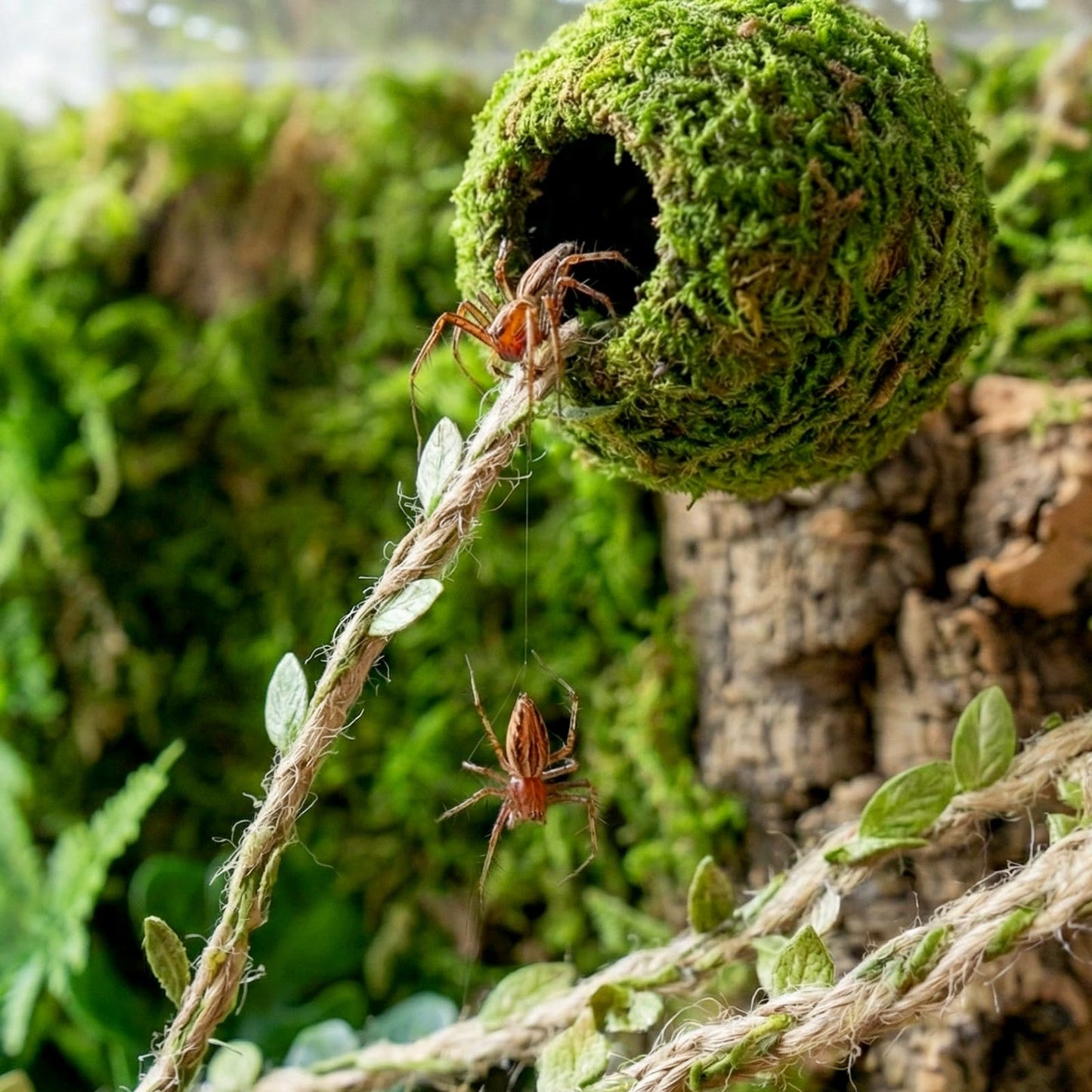 Magnetic Jumping Spider Hideout,Habitat Décor Kit - Handmade Moss Hideout with Climbing Rope,Hemp Rope Bridge,2Pcs Climbing Web& Loose Moss,Fun Enclosure Accessories for Climbing & Hiding (4.5cm)
