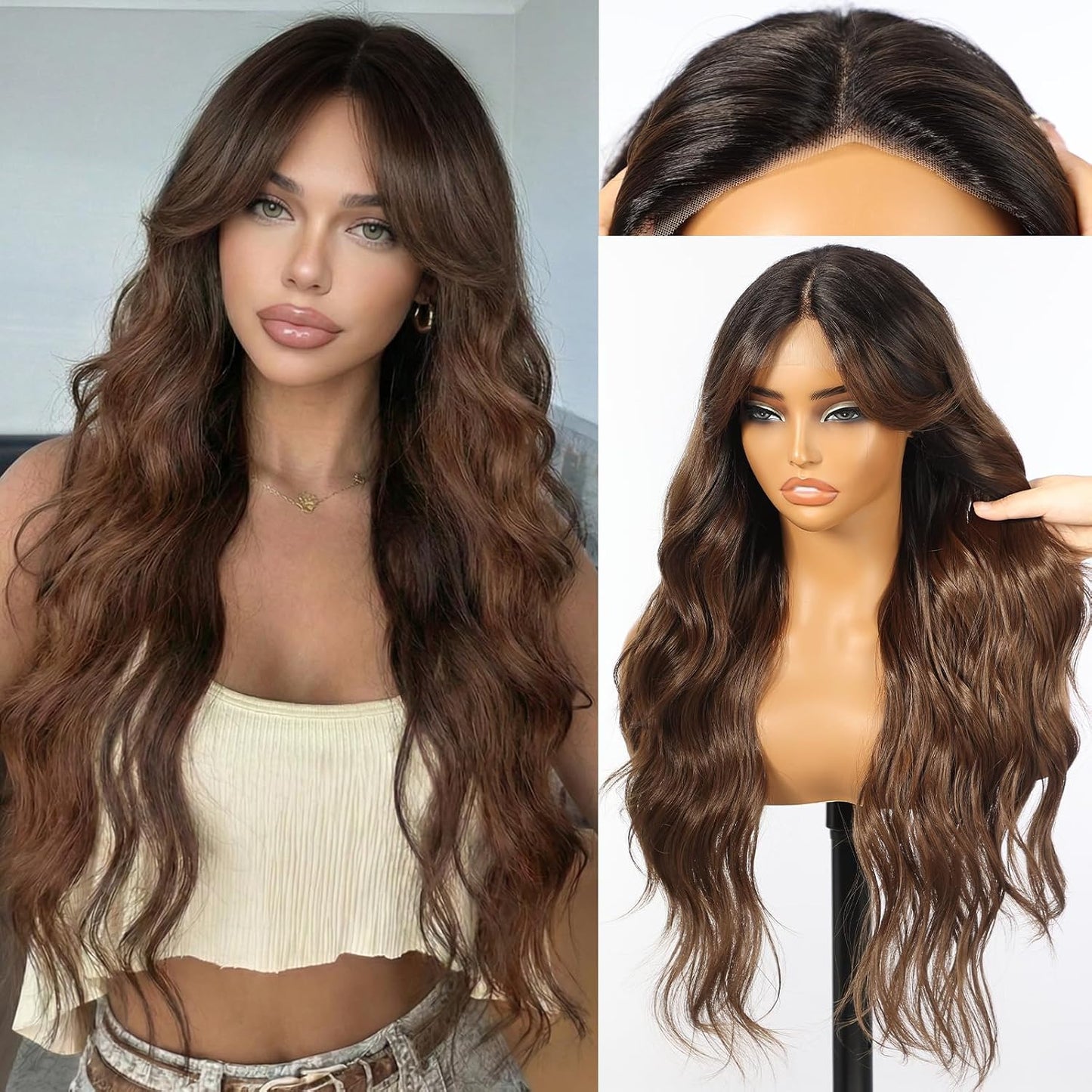 KOME Ash Brown Synthetic Lace Front Wig - T Part Glueless Long Body Wavy Style | 28 Inch with Bangs for Women