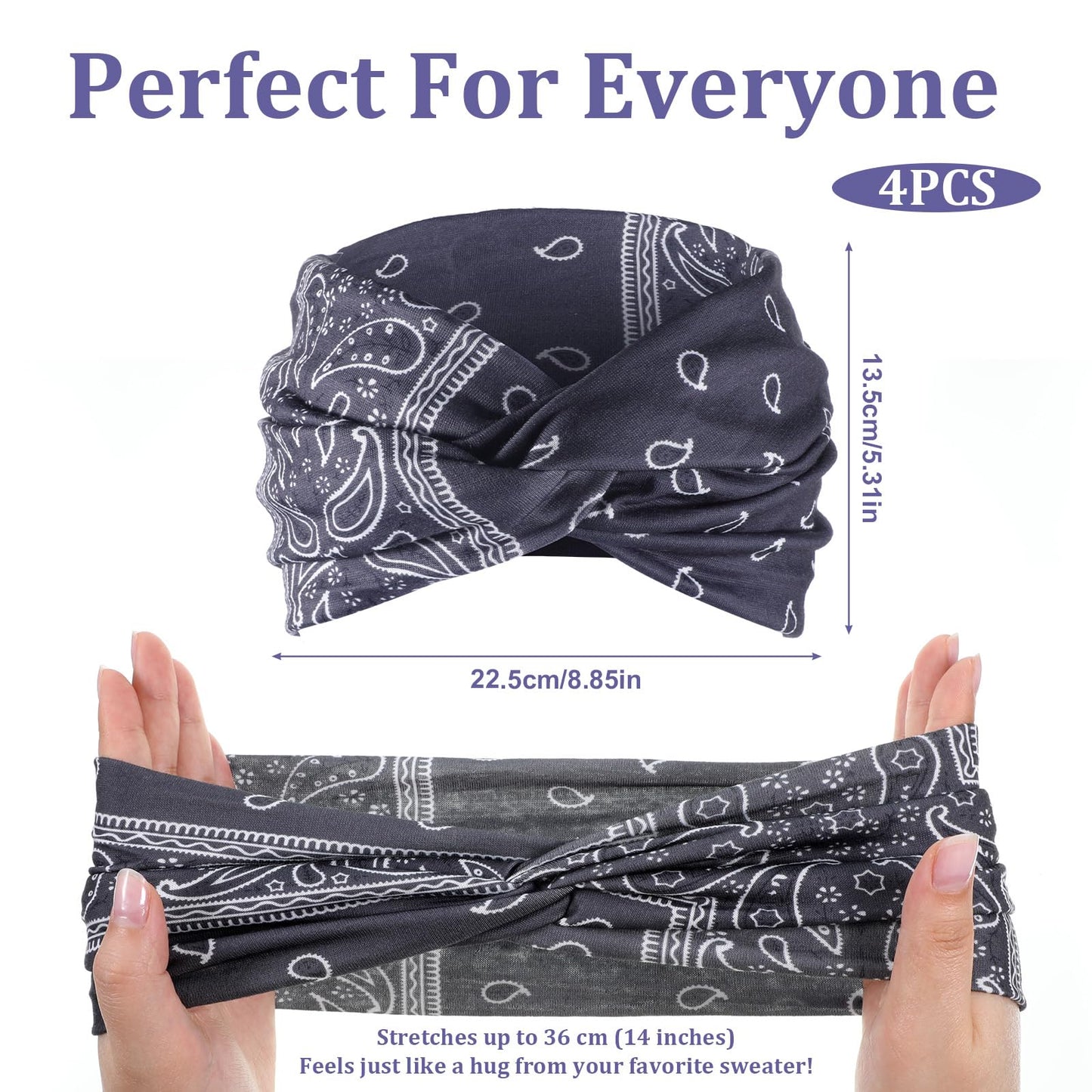 Gemoioio 4 Pack Extra Wide Headbands for Women, Large Turban Non Slip Hair Bands, Boho Elastic Twisted Knot Headwrap, for Yoga, Skincare, Sports, Workout – Girls Hair Accessories