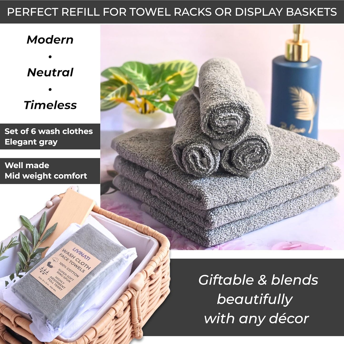 100% Cotton Wash Cloths - Soft Absorbent Terry Towels for Body & Face | 12"X12" 6 Pack