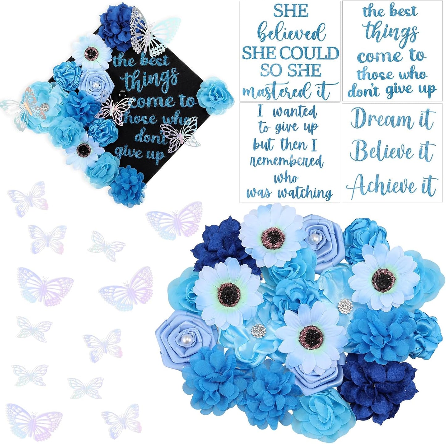 Graduation Cap Decoration Kit - 36 Pcs with Faux Flowers, Glitter Stickers & 3D Butterflies | Blue Inspirational Themes