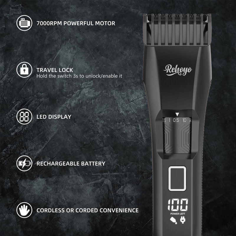 REHOYO Beard Trimmer for Men Adjustable: Professional Cordless Trimmer with 20-Length Dial – Waterproof Hair Clippers w/Stainless Steel Blades for Beard, Mustache & Face Grooming, Black