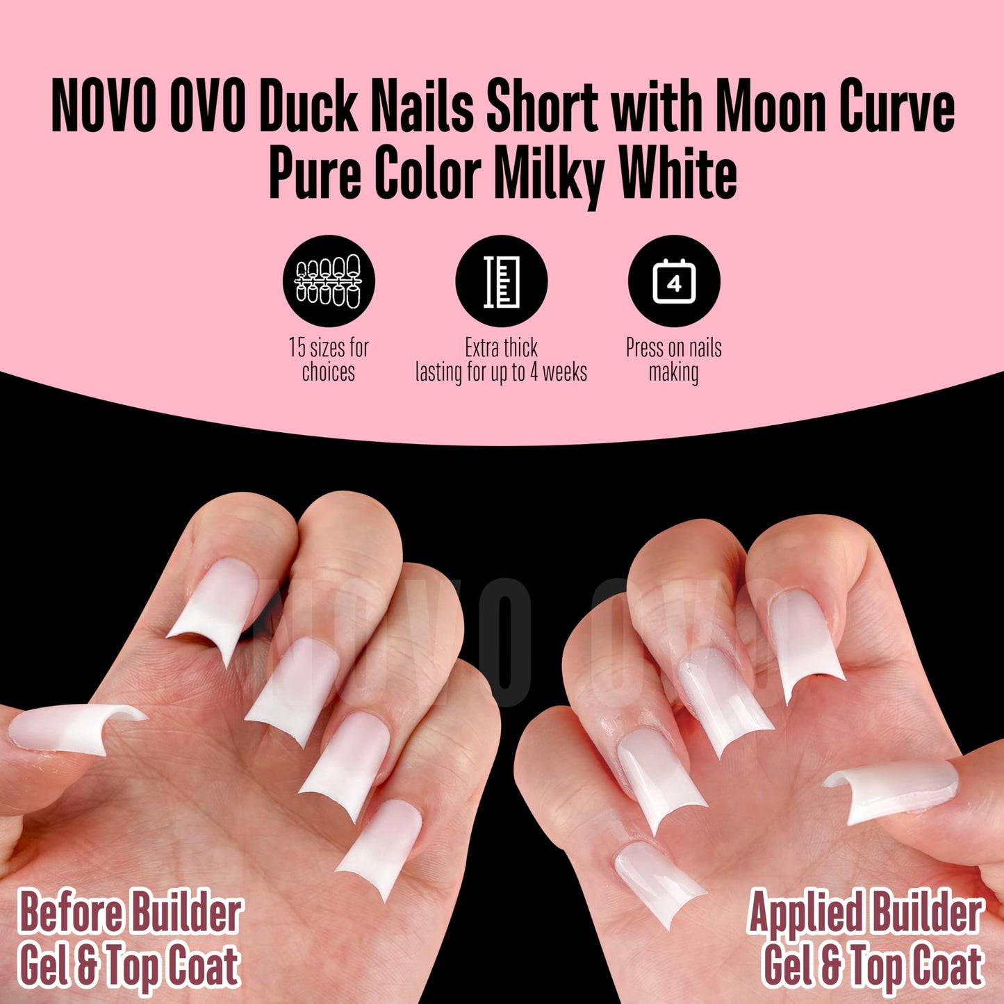 NOVO OVO Square French Tip Nail Tips, Extra Thick Soft Gel Tips Full Cover, Pre-Etched False Nails (Need Builder Glue Gel & Top Coat)