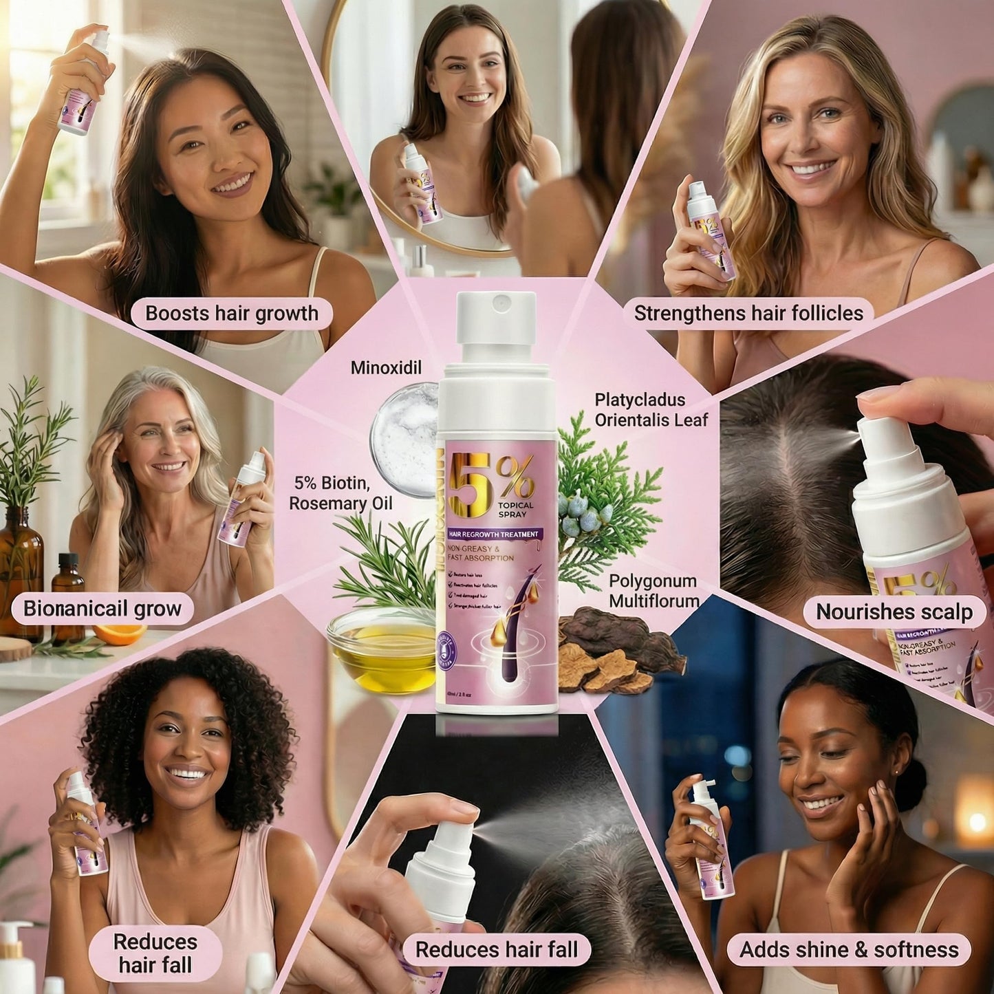Women's Hair Growth Spray – 5% Minoxidil with Biotin & Rosemary Oil, Lightweight Oil-Free Formula, Clinically Tested for Thicker, Stronger Hair, 2 x 60 ml Bottles