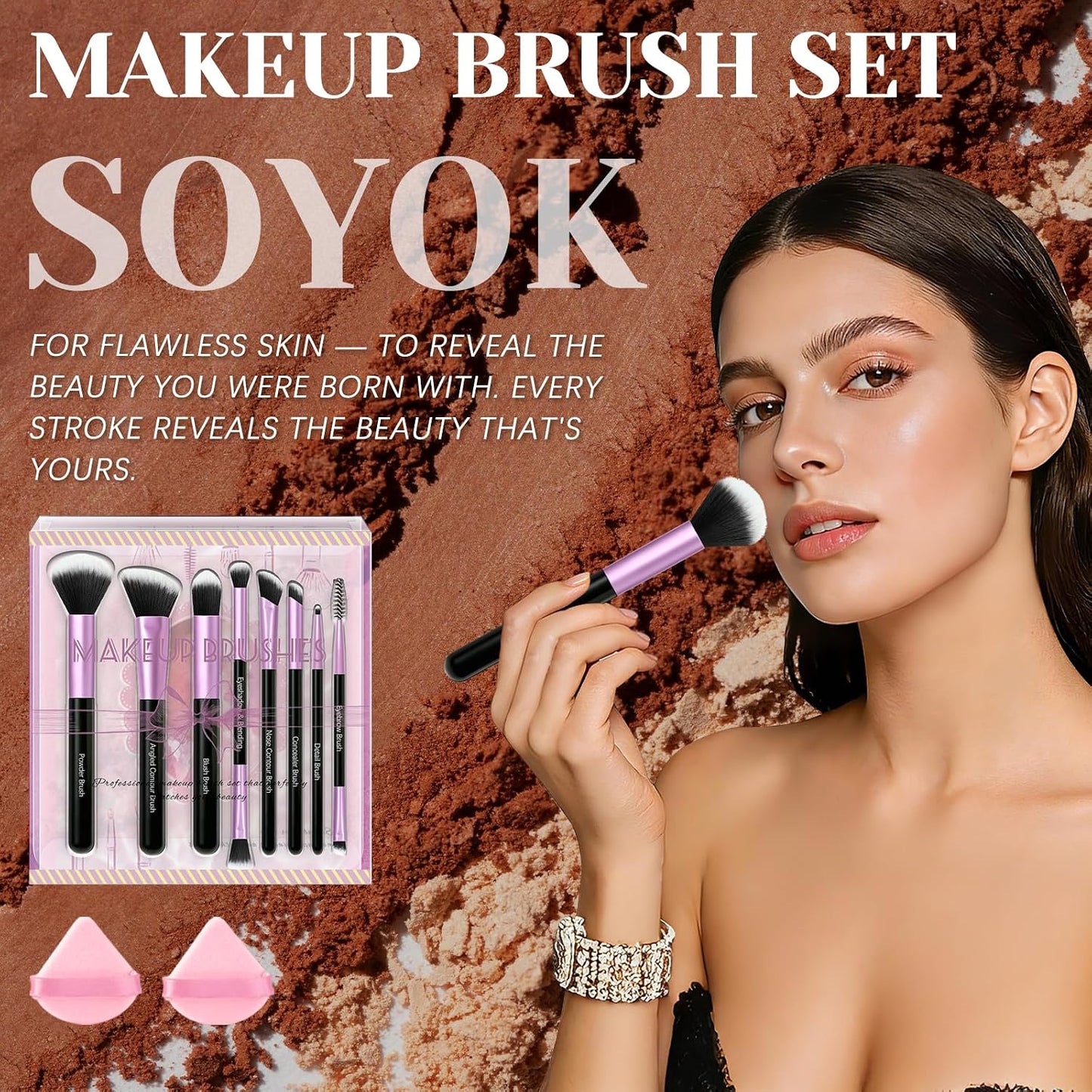 Makeup Brush Set - Premium Synthetic Brushes with 2 Puffs | 8-Piece Kit for Powder, Concealers, Eyeshadows, Blush - Perfect for Beginners & Travel (Purple)