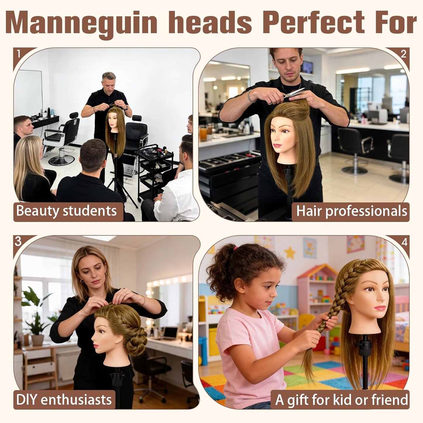 Realistic Human Hair Mannequin Head - 22" Light Brown Cosmetology Training Doll with Clamp & Styling Tools