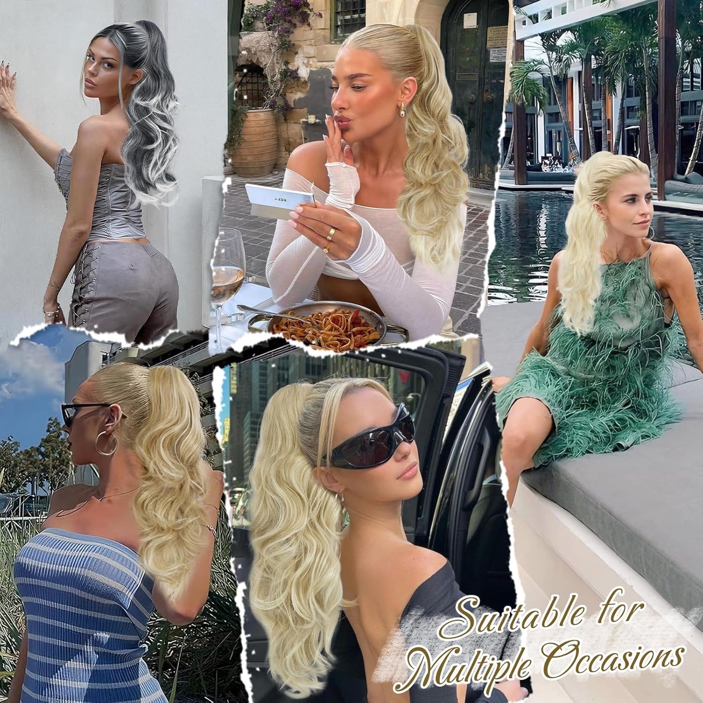 Blonde Ponytail Extension - 20 Inch Curly Wavy Drawstring Hairpiece | Platinum Blonde Synthetic Ponytail for Women