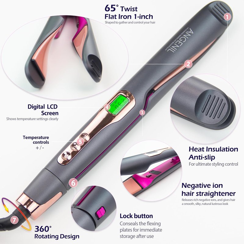 Pro Twist Ceramic Flat Iron - 2 in 1 Hair Straightener & Curler | 1 Inch, Fast Heating, LCD Display, 11 Temp Settings (250℉-450℉)