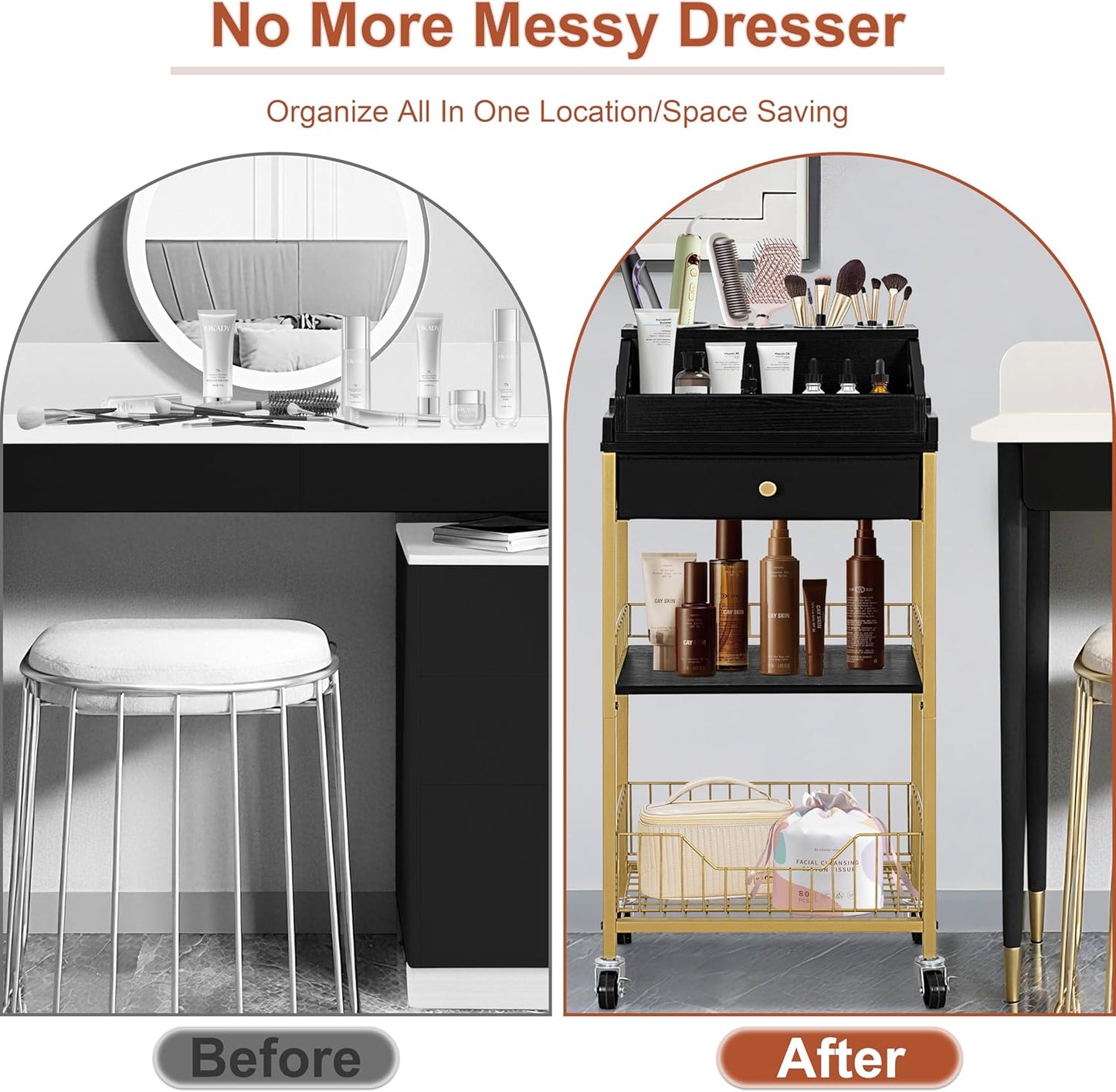 Large Makeup Organizer Cart - Rolling Vanity Storage with Hair Tool Holder | Gold & Black, 2-in-1 Design