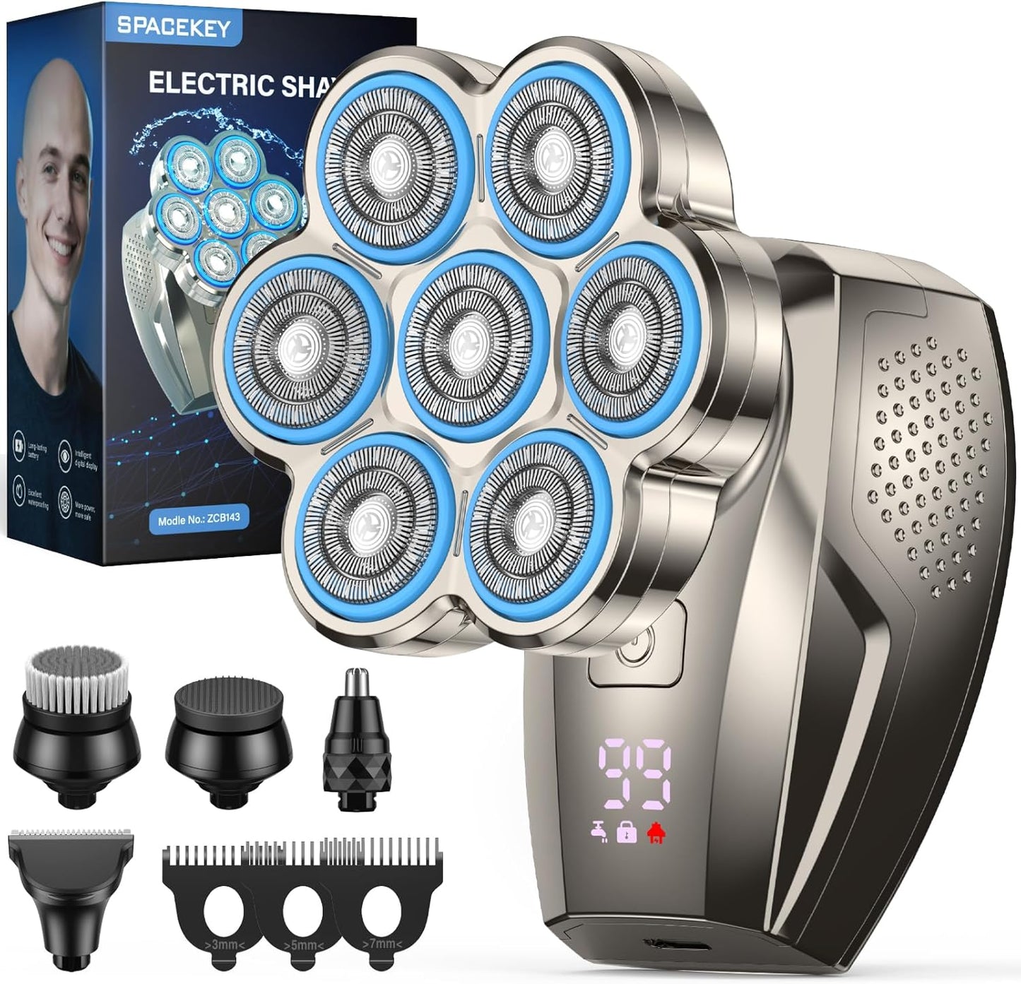 7D Head Shaver for Bald Men - 5-in-1 Waterproof Electric Razor | LED Display, Type-C Charge, Gunmetal
