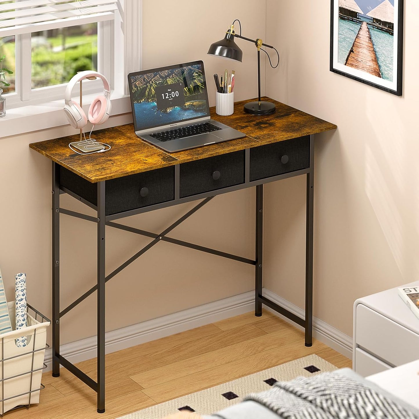 Small Writing Desk - 37.2 Inch Computer Desk with 3 Drawers | Rustic Brown for Bedroom, Home Office, Dorm