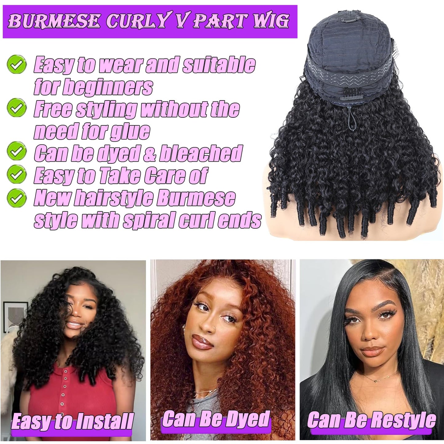 Yavida Burmese Curly V Part Wig Human Hair 20 Inch Upgrade U Part Wig With Drawstring and Spiral End 180% Density Glueless Clip In Half Wigs Curly Human Hair Wig for Black Women Natural Color