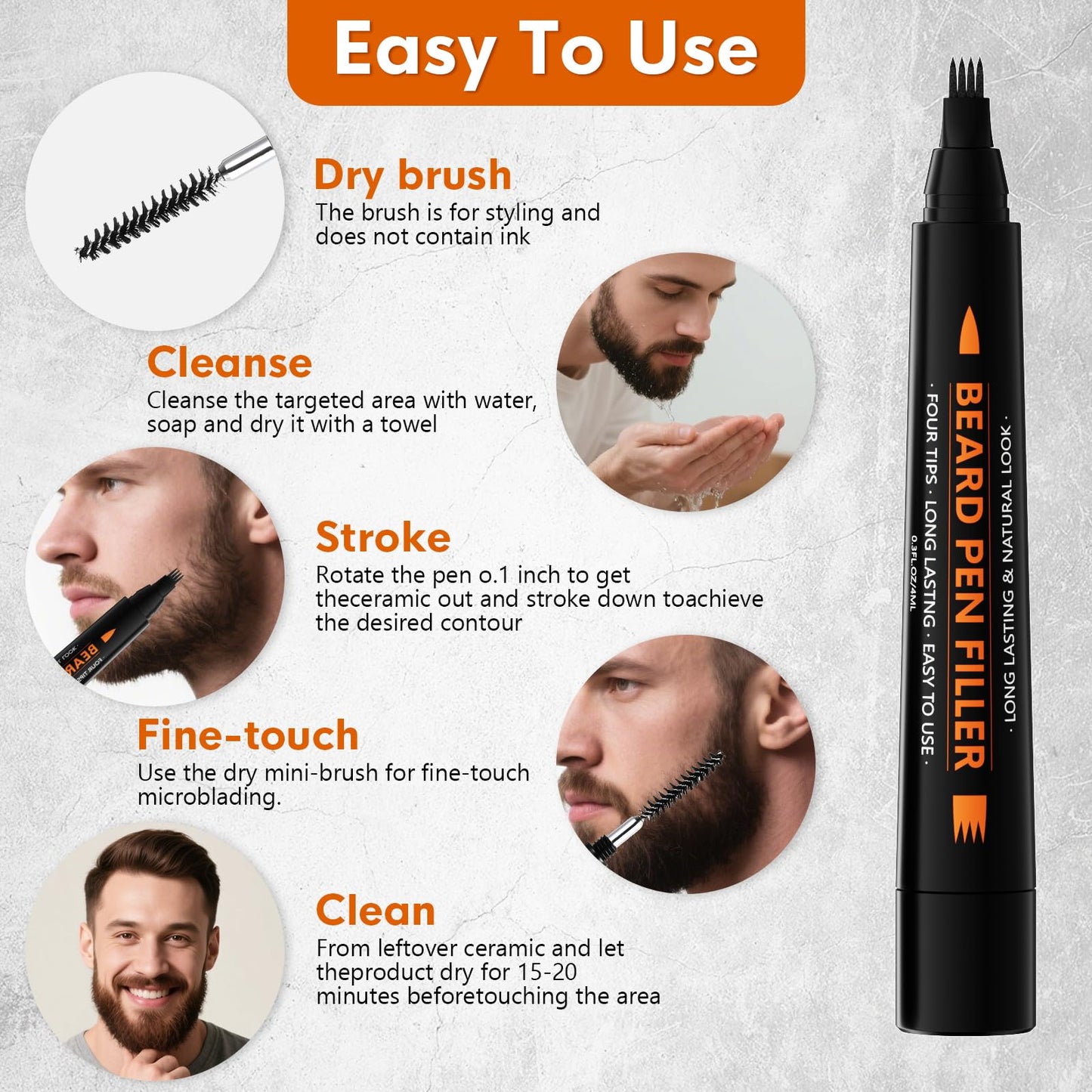 3-Pack Beard Pencil Filler for Men (Black), Four-fork Tip Beard Styling Pen, Waterproof Sweat Proof Long Lasting Beard Pencil,Effectively Enhances Facial Hair