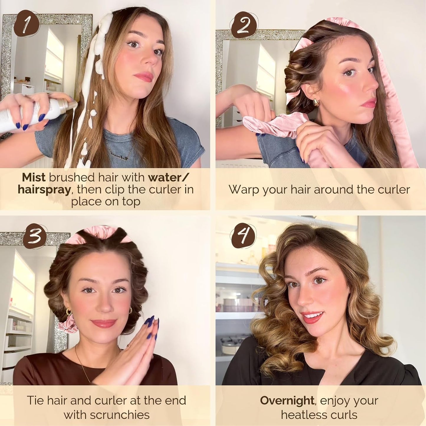 Super Soft Satin Heatless Curler Set - Overnight No Heat Curling Rods with Satin Scrunchies & Clip