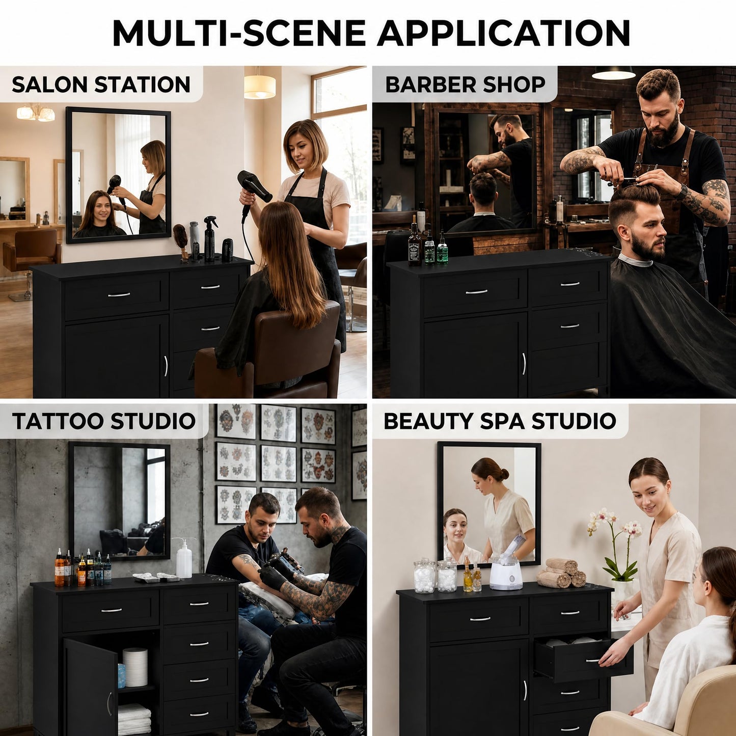 THINK 30 Salon Station, Barber Station, with Wall-Mount or Cabinet-Mount Mirror, Drawers, for Hair Salon, Barber Shop, Beauty Spa, Black