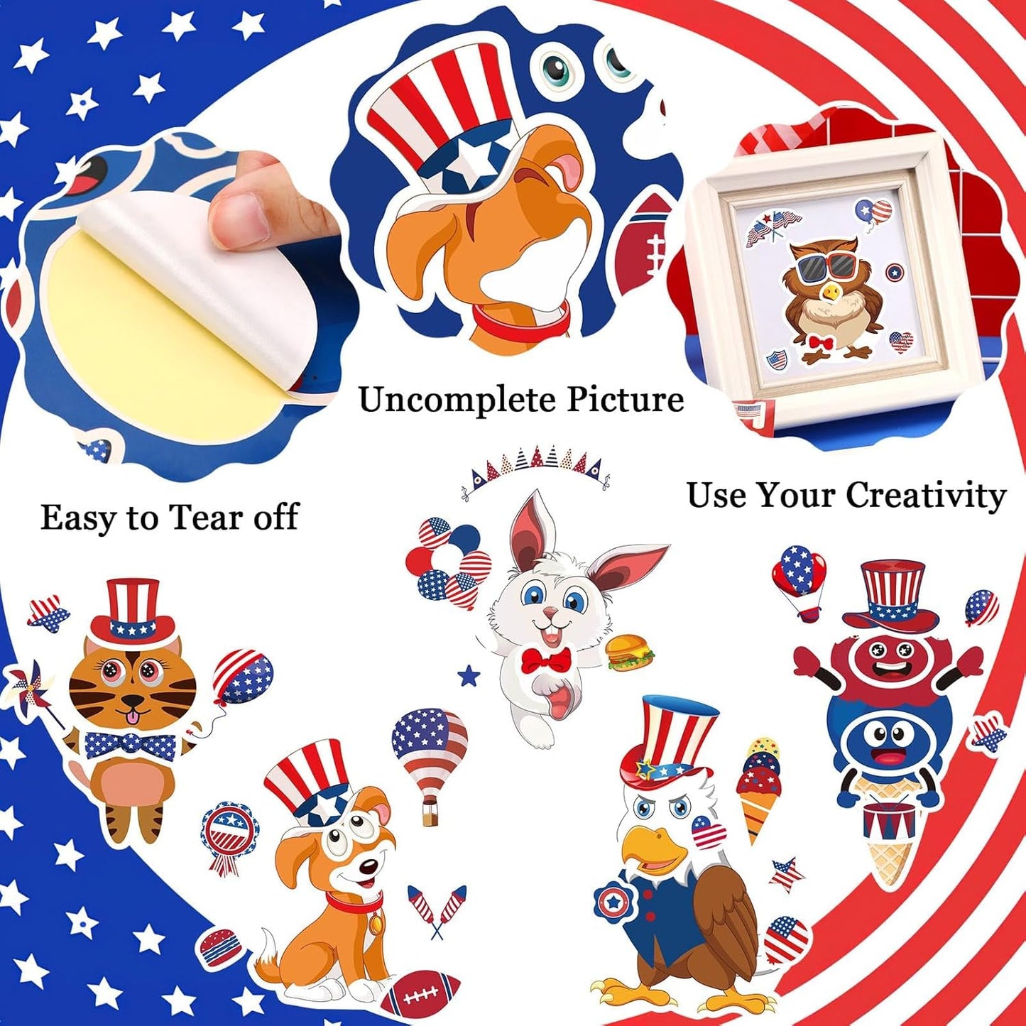 36 Pack 4th of July Crafts for Kids - DIY Patriotic Face Stickers & Party Decorations