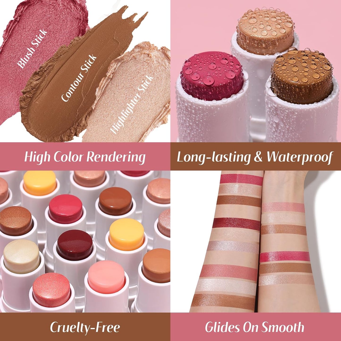 KIMUSE Cream Blush, Highlighter & Contour Stick Trio - Long-Lasting Face Makeup Set with Brush