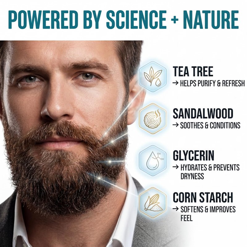 Safiora Rivaro Beard Wash for Men with Tea Tree & Sandalwood – Hydrating Beard Shampoo Softener for Coarse Hair, Grooming Cleanser for Daily Care Routine – Moisturizing Wash for Black Men (5 Fl Oz)