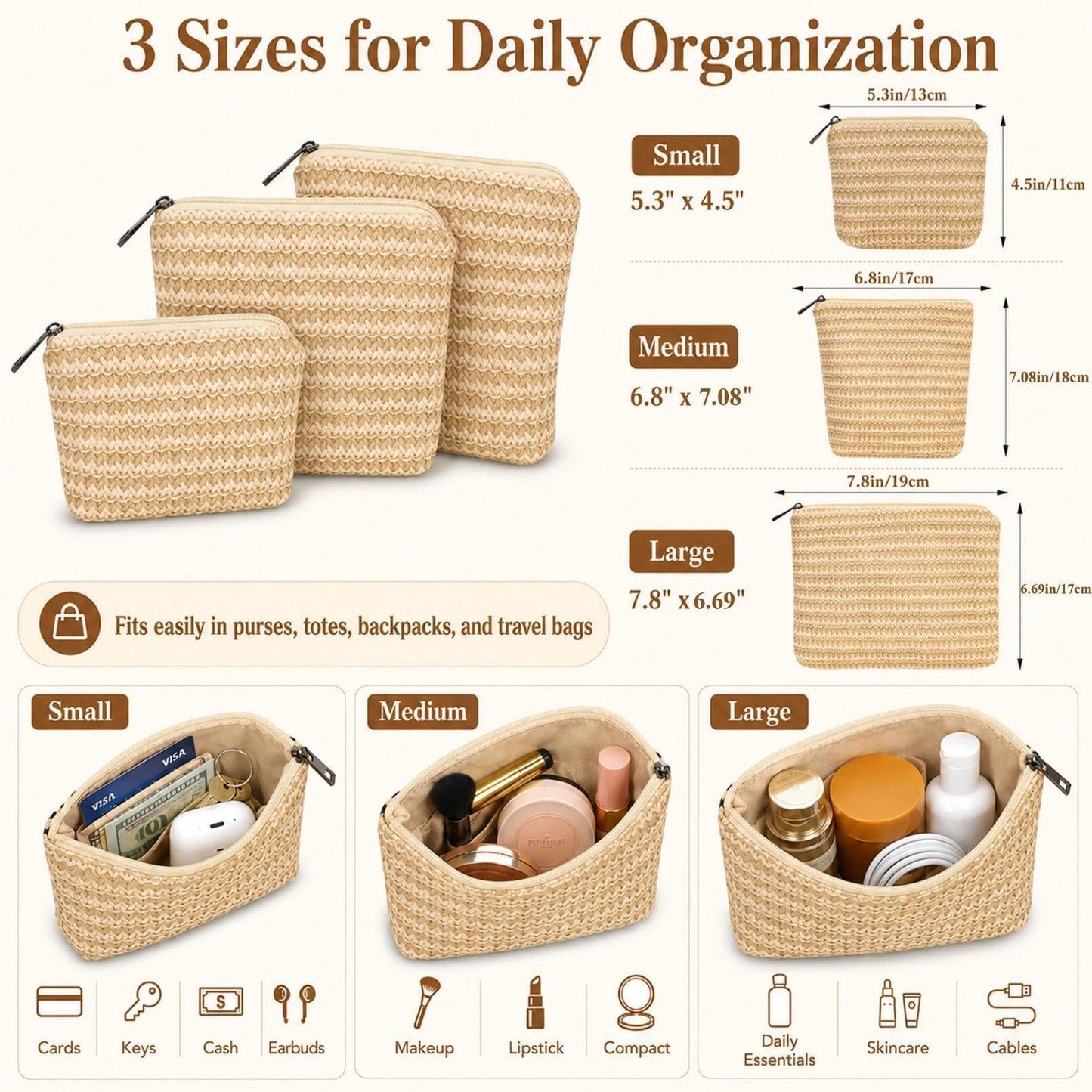 BBORGDC Purse Organizer Pouches, 3 Pack Small Makeup Bags for Purse, PP Straw Makeup Pouch Set, Travel Essentials Pouches, Zipper Organizer Bags for Totes and Handbags