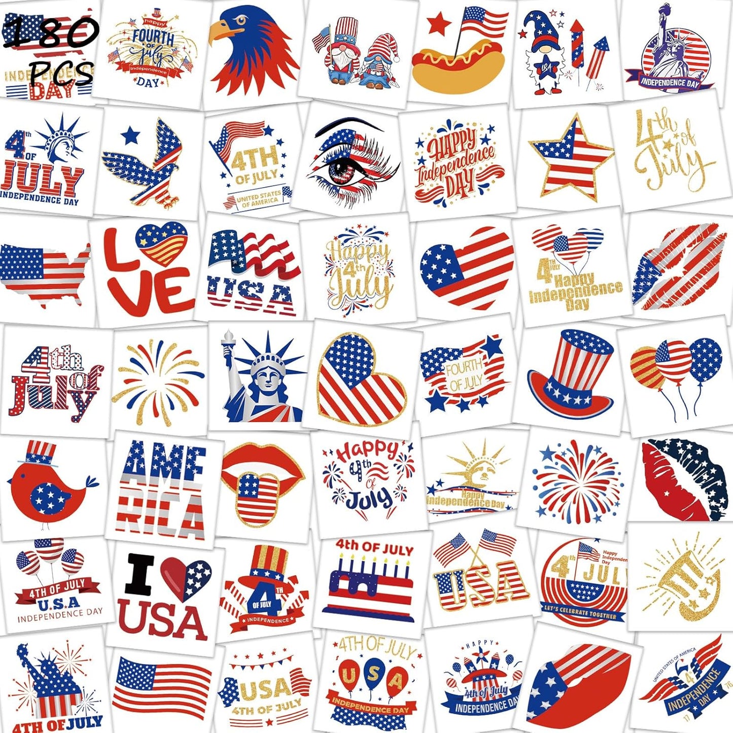 Fourth of July Temporary Tattoos for Kids - 180 Patriotic USA Flag Designs | Red, White & Blue Party Supplies
