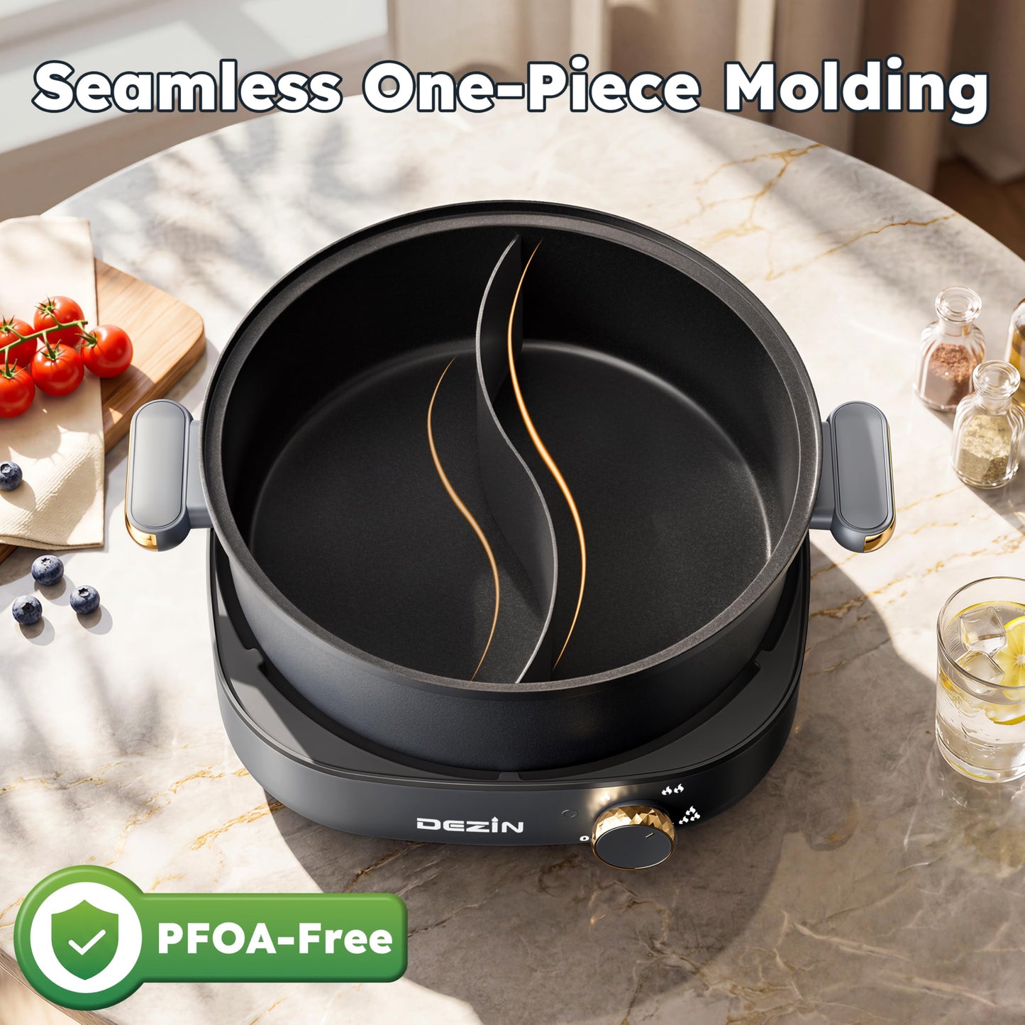 Dezin Hot Pot Electric with Divider, 4L Dual-Flavor Electric Shabu Shabu Pot, Removable Nonstick Pot Easy to Clean, Multi-Power Control for Family & Friends Gathering, Silicone Ladle Included