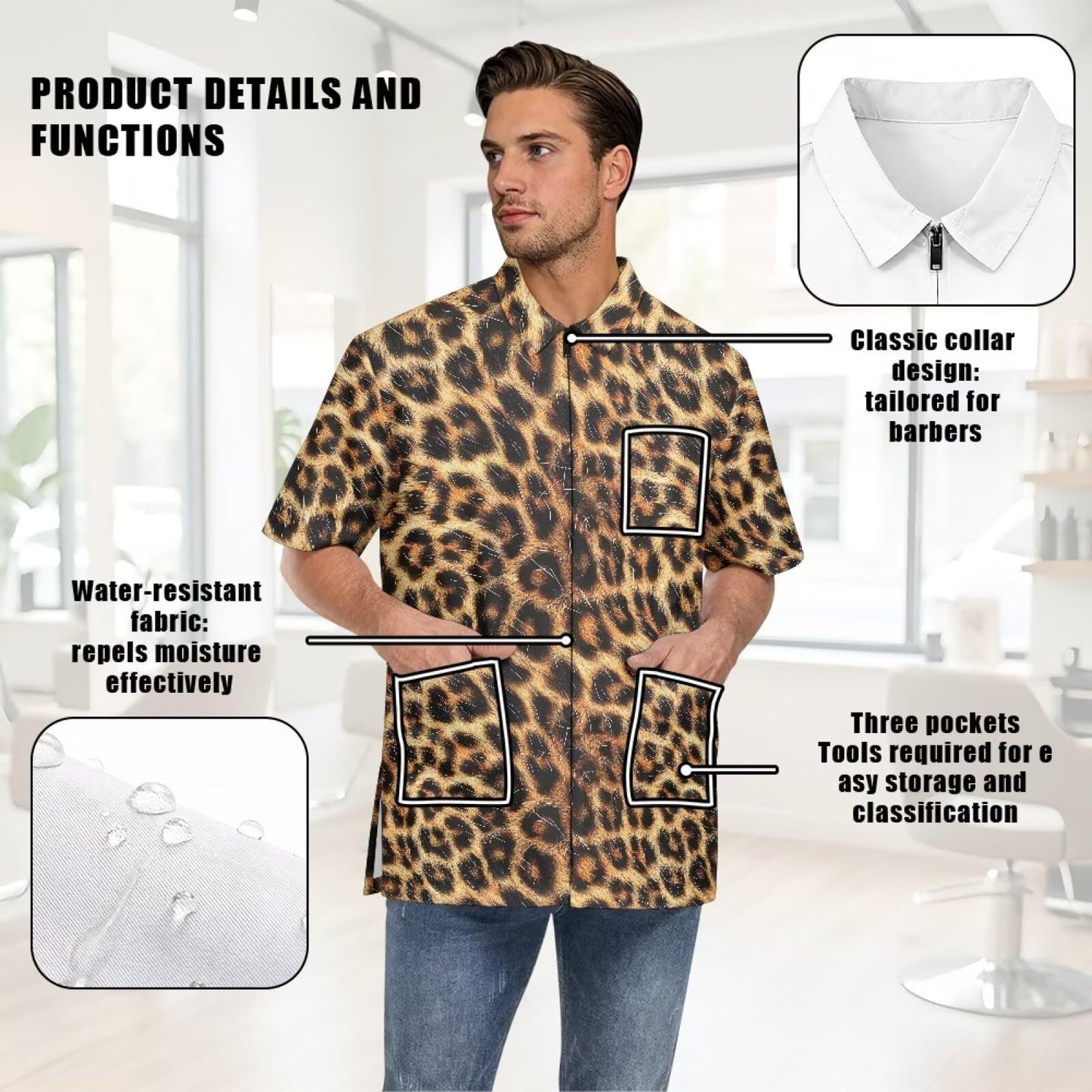 Srengjodk Leopard Print Jacket For Barber Unisex Waterproof Hairstylist Aprons For Women, Grooming Smocks With 3 Pockets Quick-Dry Hair Stylist Work Vest Apron L M