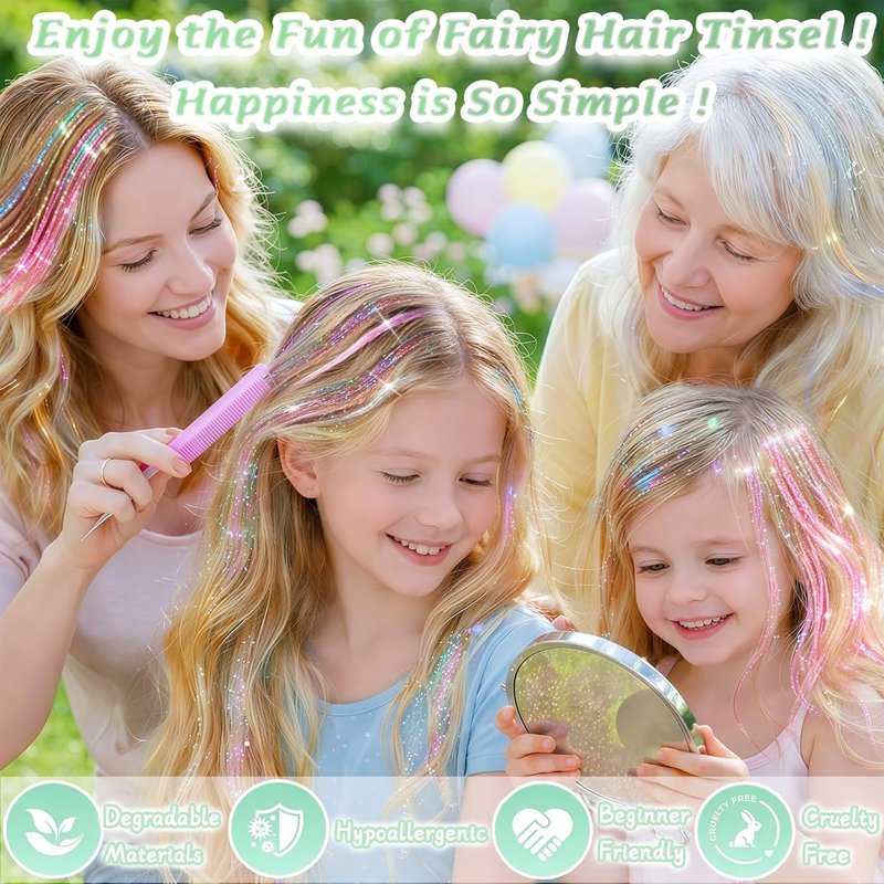 Clip In Hair Tinsel Kit - 26 Inch Colorful Glitter Extensions for Girls & Women | Heat Resistant Sparkly Hair Accessories (Rainbow & Gold)