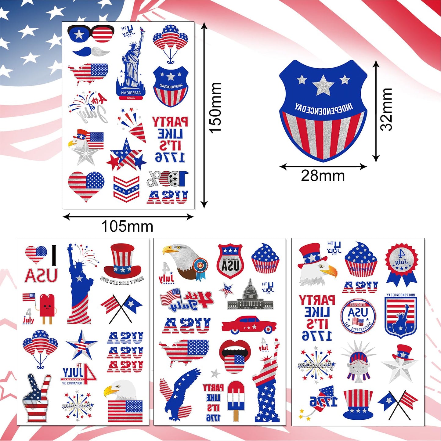 HOWAF 4th of July Temporary Tattoos-5 Sheets Glow Independence Day Face Tattoo 50+pcs Giltter USA Patriotic Tattoos Stickers, American Flag Red White Blue Tattoos Stickers for Face Body Decor