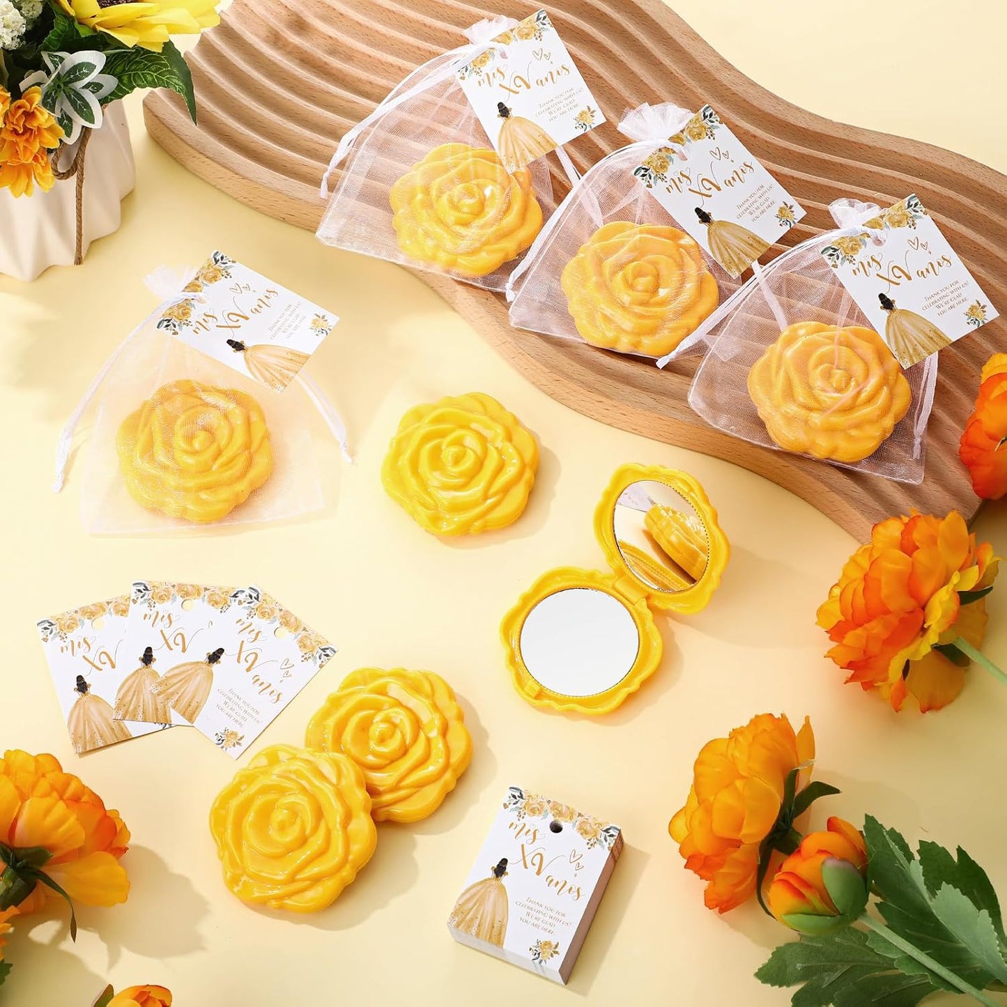 Quinceanera Party Favors - 50 Sets Rose Design Compact Pocket Mirrors & Thank You Cards | Gold Organza Bags