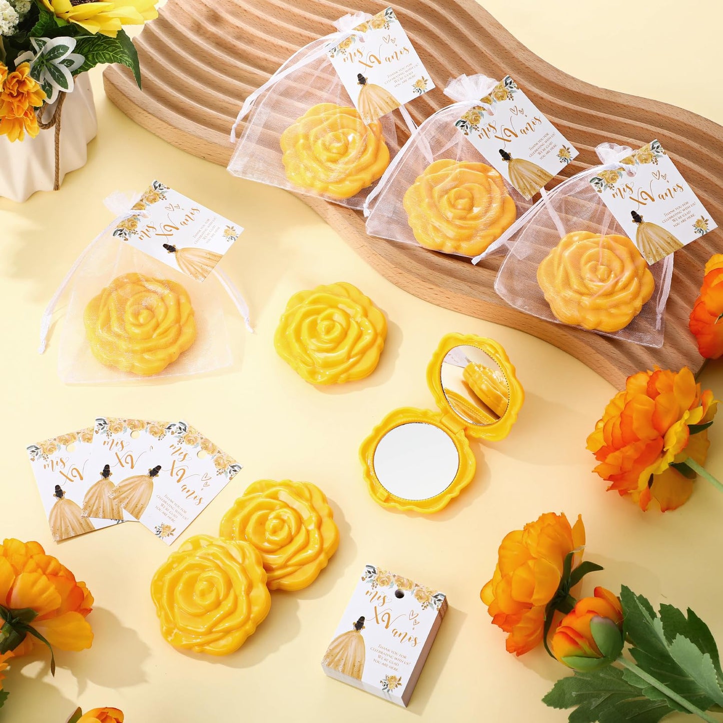 Wenqik 50 Sets Quinceanera Party Favors for Guests Rose Design Compact Pocket Mirrors Quinceanera Cards Thank You Gift and Organza Bags Birthday Party Favor (Gold)