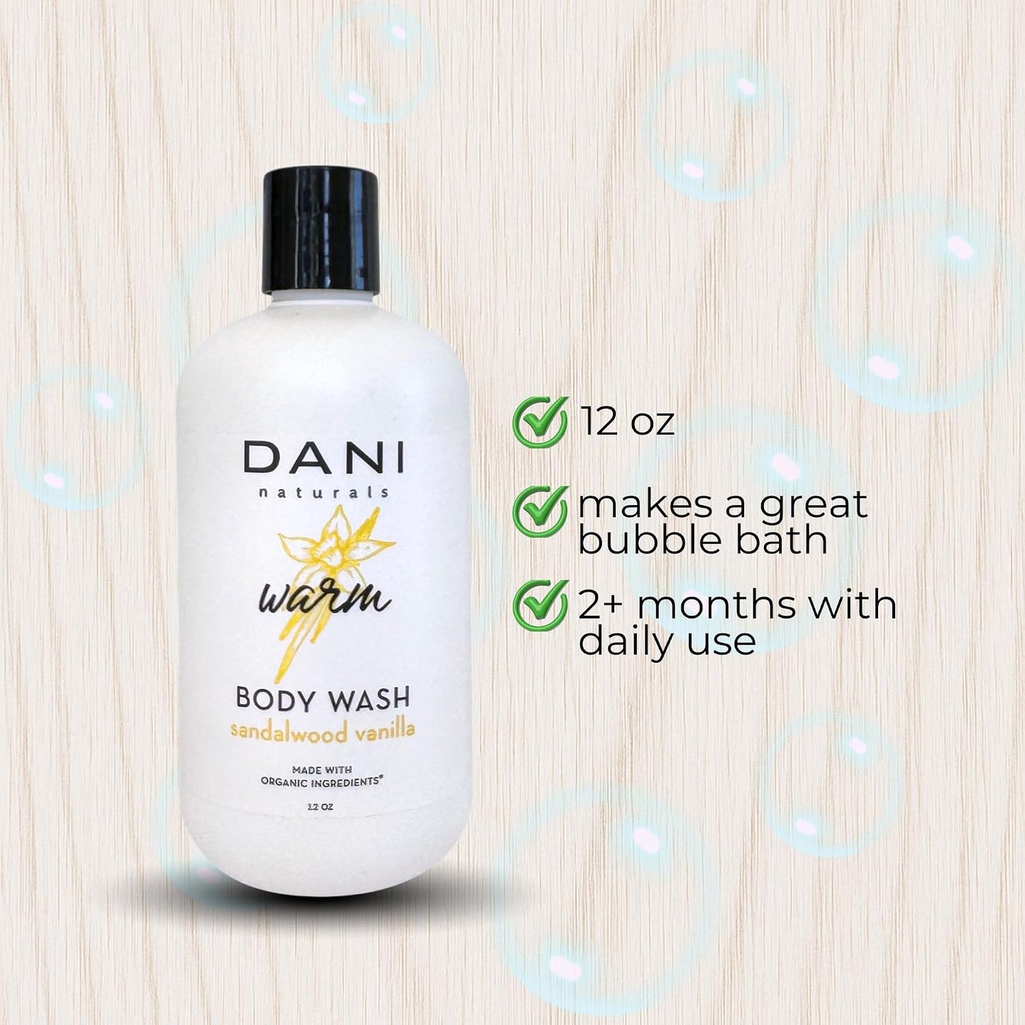 DANI Naturals Sandalwood Vanilla Body Wash - Vegan & Sulfate-Free | Organic Ingredients, 12 fl oz