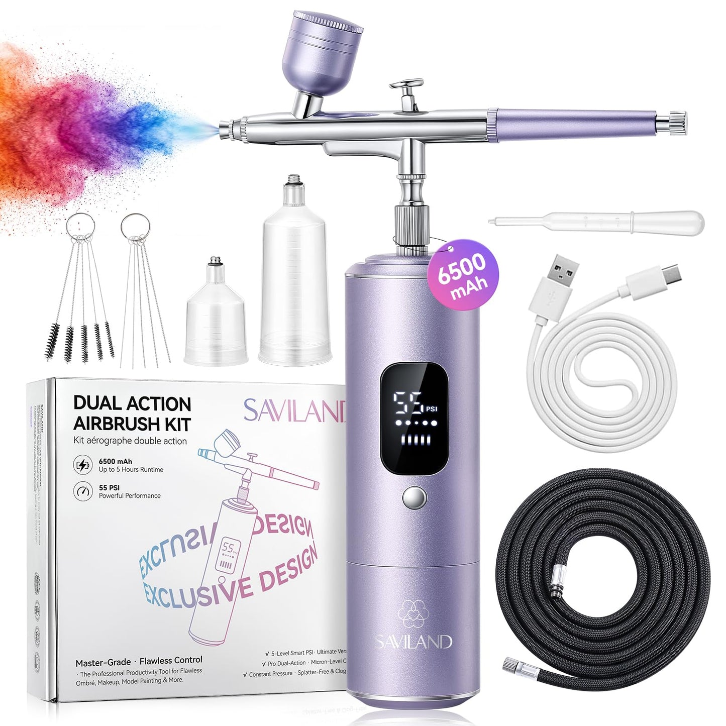 SAVILAND Master Grade 55 PSI Airbrush Kit: Dual-Action Airbrush for Nails Clog-Free 6500mAh Large Battery Rechargeable Airbrush Machine for Soft Ombré French Aura Blurred Nails Makeup Graffiti Salon