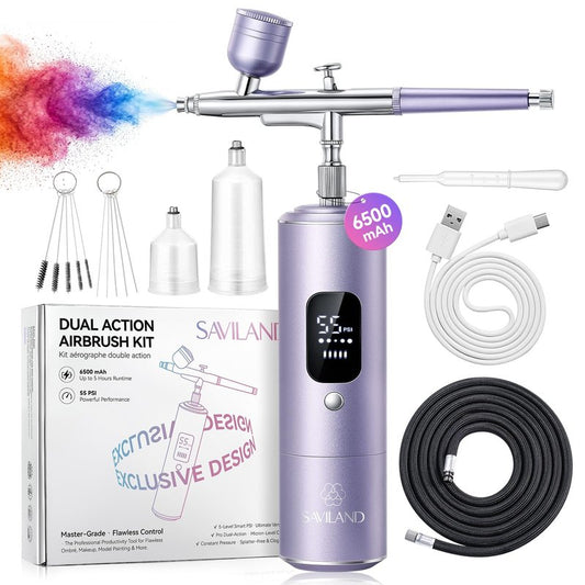 SAVILAND Master Grade 55 PSI Airbrush Kit: Dual-Action Airbrush for Nails Clog-Free 6500mAh Large Battery Rechargeable Airbrush Machine for Soft Ombré French Aura Blurred Nails Makeup Graffiti Salon