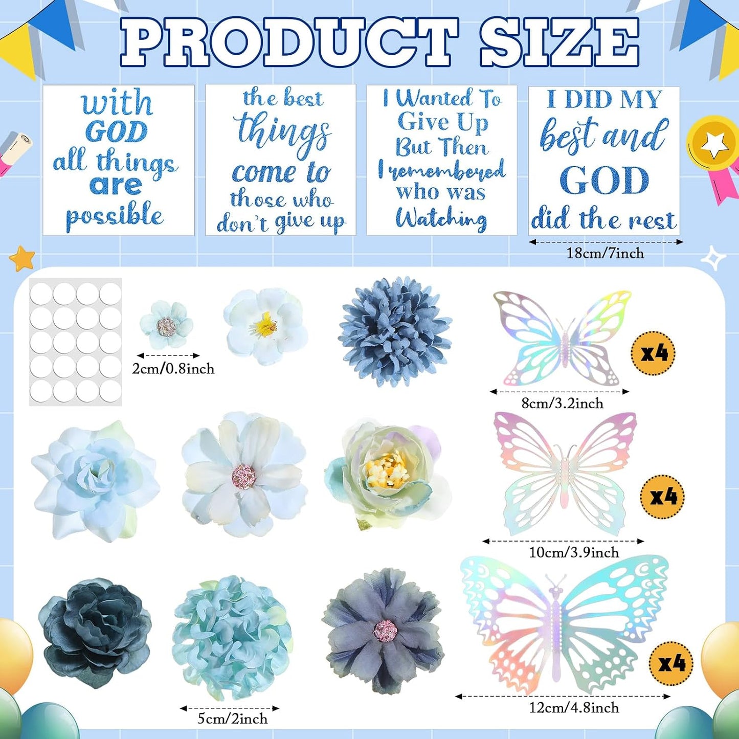 Graduation Cap Decoration Kit - 36 Pcs with Faux Flowers, Glitter Stickers & 3D Butterflies | Blue Inspirational Themes