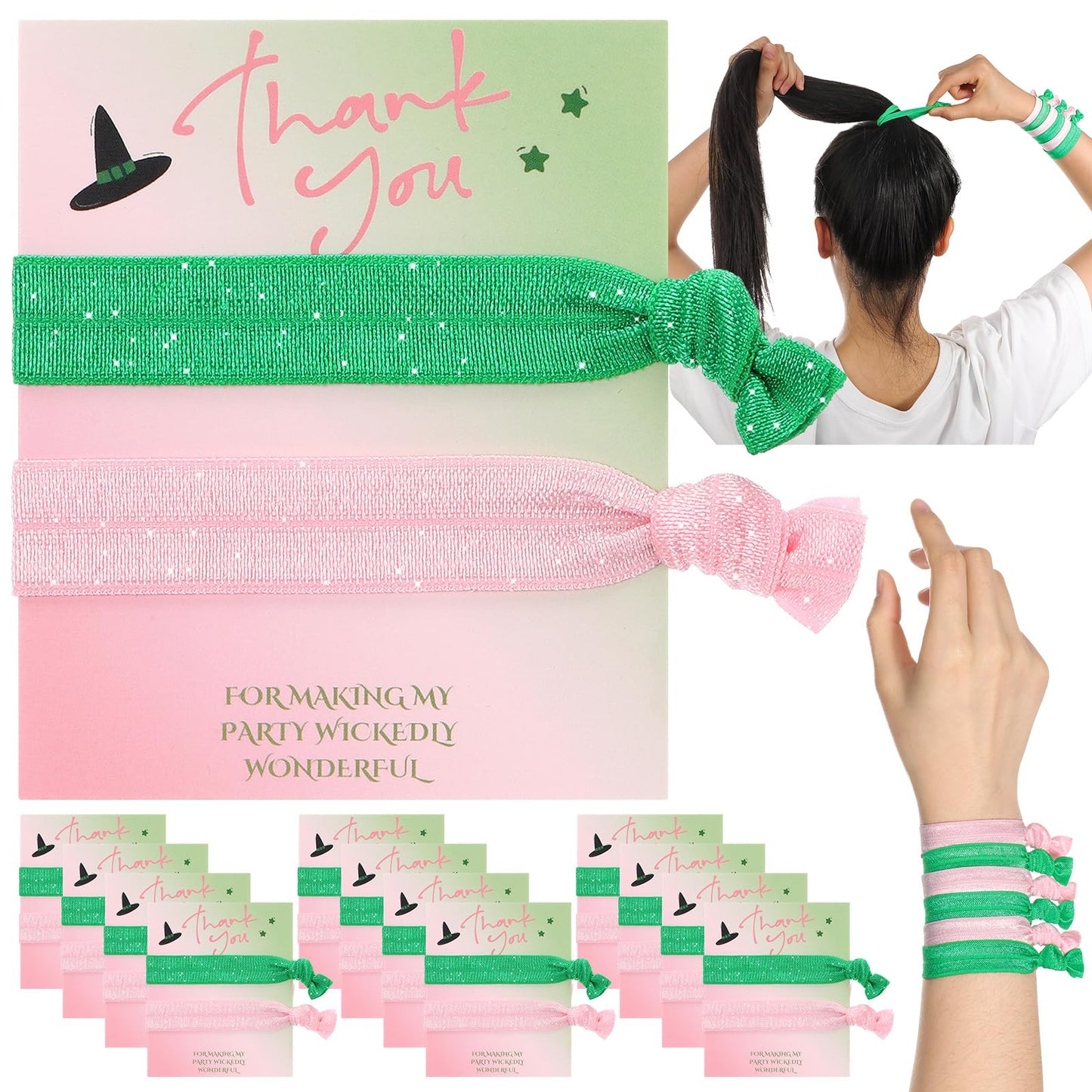Yuxung 12 Sets Green and Pink Party Favors Elastic Witch Hair Ties Hair Accessories with Thank You Card for Witch Friendship Gifts