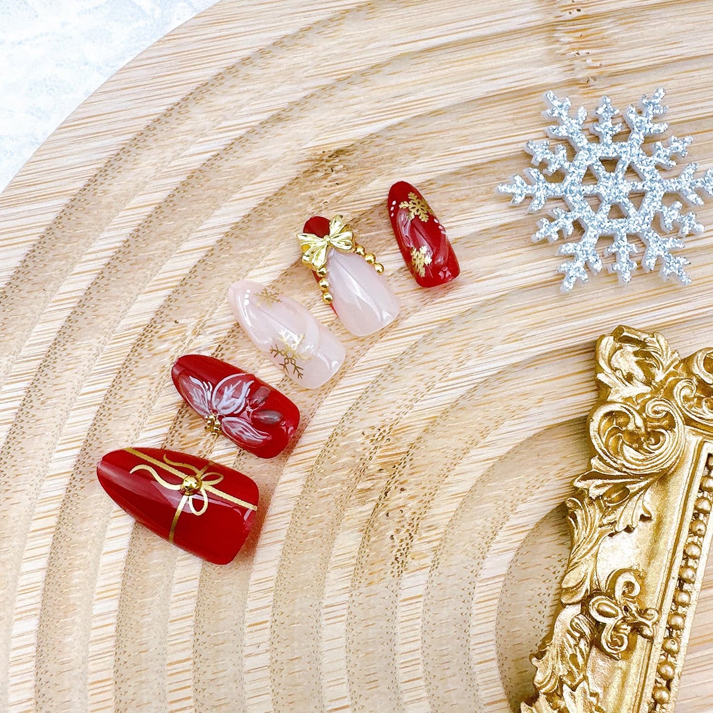 30Pcs Christmas Press-On Nails | Medium Almond Shape with 3D Bow & Gold Snowflake Designs