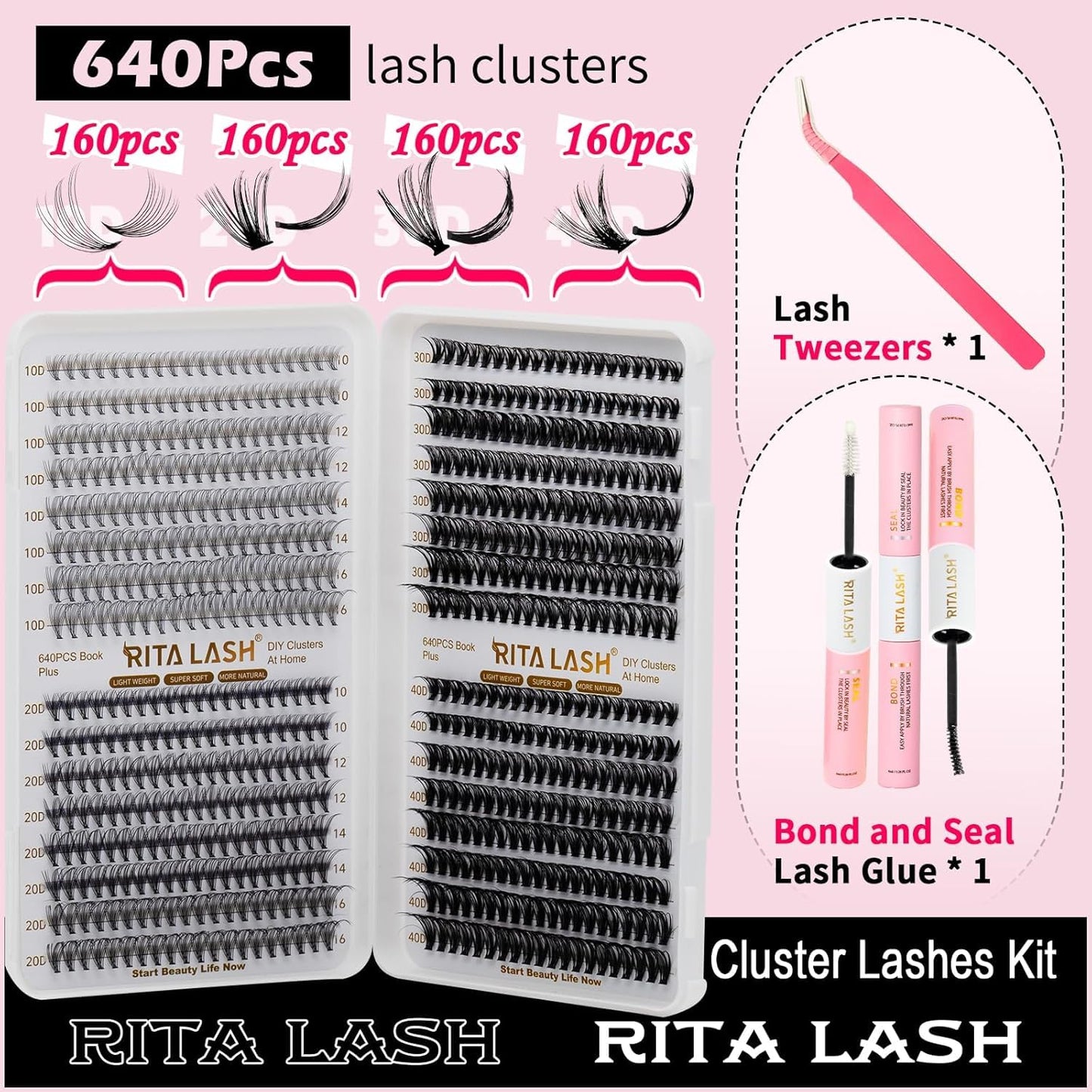 RITALASH Lash Extension Kit 10D+20D+30D+40D DIY Lash Clusters 640pcs Cluster Lashes Individual Lashes Eyelash Extension Kit with Lash Bond and Seal,Lash Tweezers(10D+20D+30D+40D Kit,10-16mm)