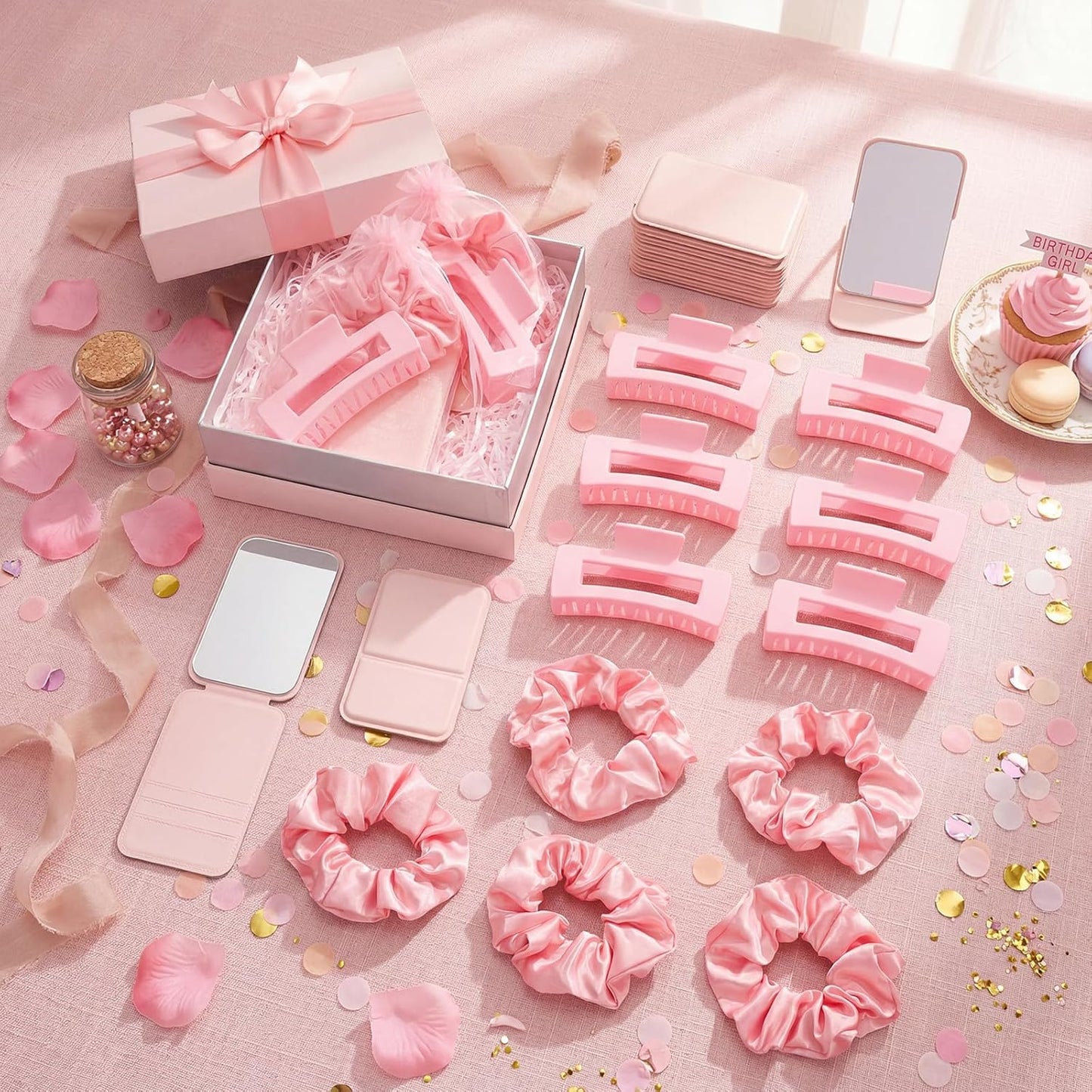 Spa Sleepover Party Favors - 48 Pcs Compact Mirrors, Hair Claw Clips & Scrunchies | Pink Organza Bags for Girls & Women