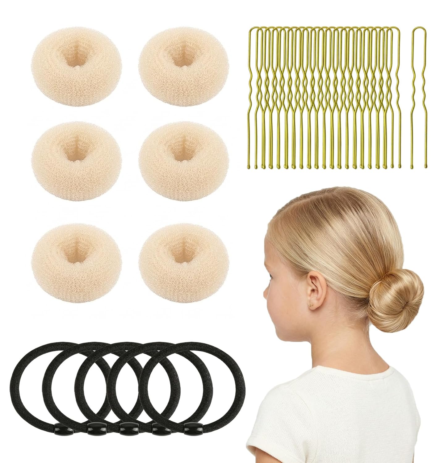 Small Hair Donut Bun Maker - 6 Pcs Set for Thin Hair | 30-Second Chignon Ring with 5 Hair Ties & 20 U Pins (Tan Brown)
