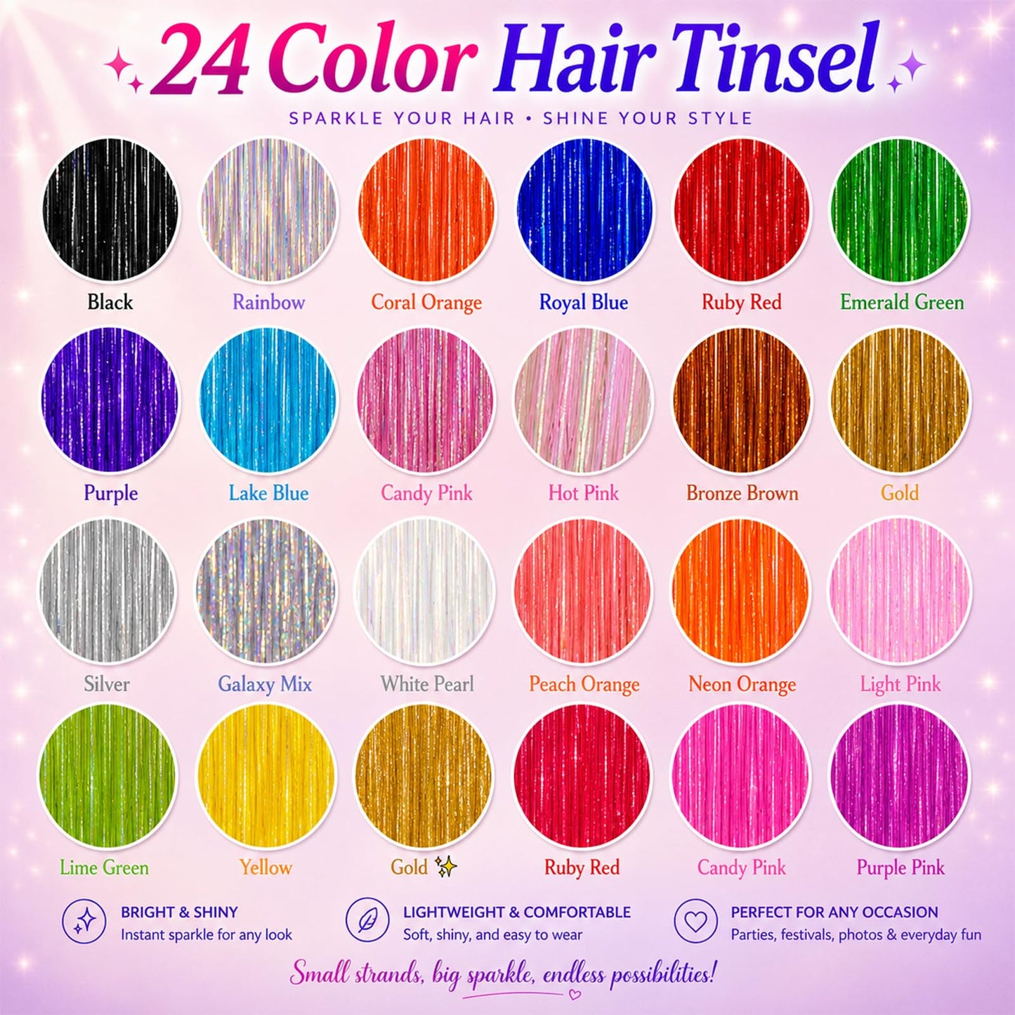 Hair Tinsel 24 Colors Glitter Tinsel Hair Extensions for Women Girls