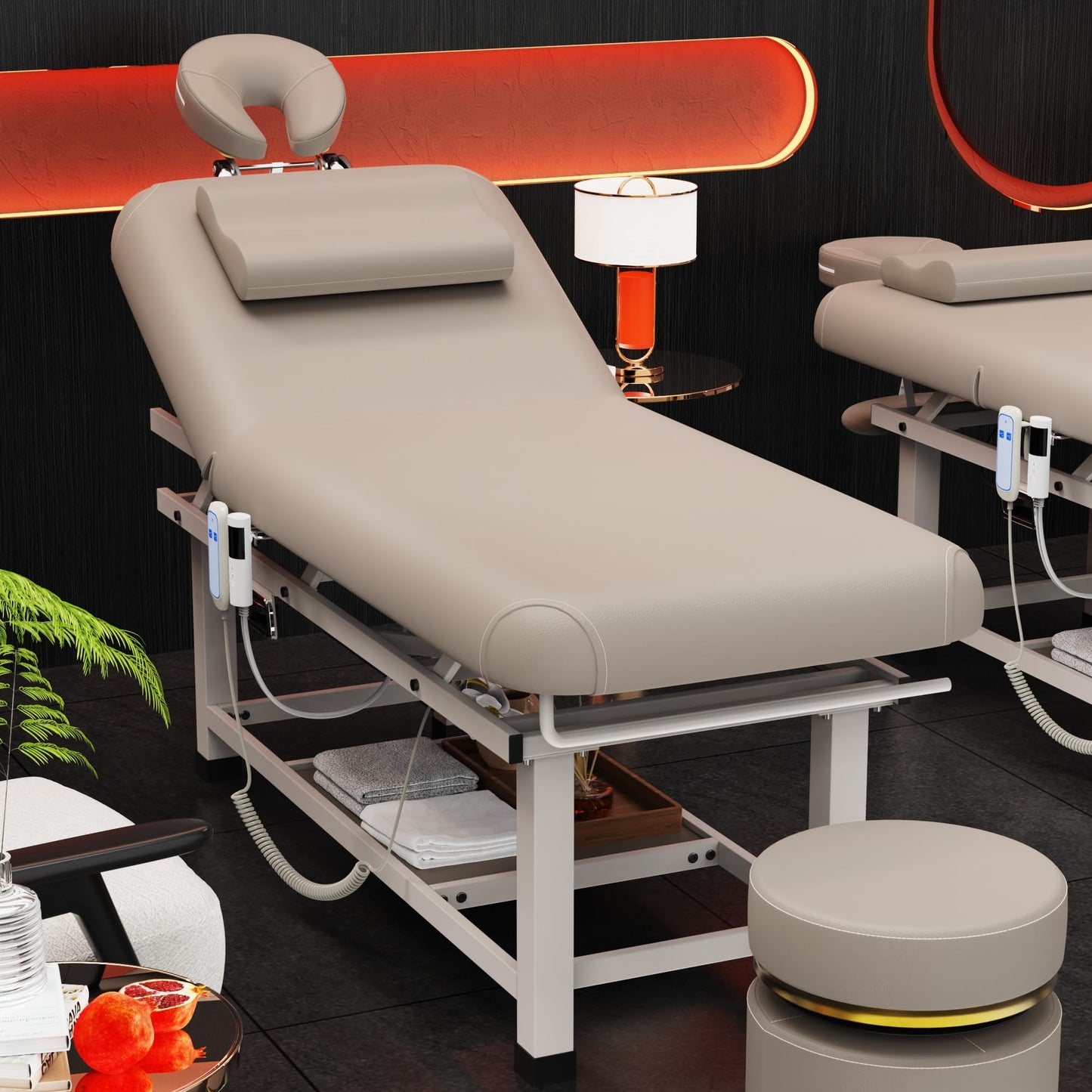 pouseayar Heavy Duty Electric Stationary Massage Table with Heating Function, Backrest Adjustable and Storage Space for Treatment/Medical Spa/Facial/Beauty/Massage Bed - 30 x 75 - Beige Gray