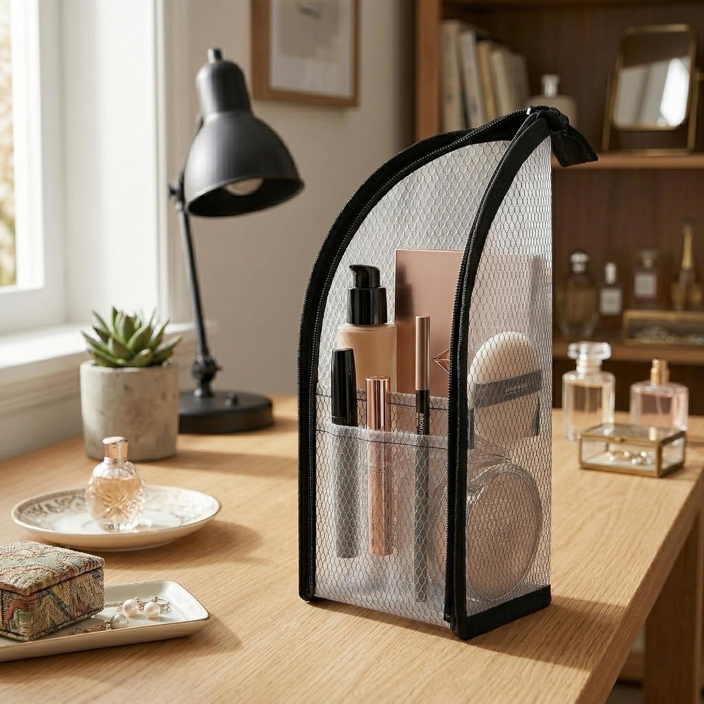 Travel Toiletry Bag - Clear Portable Makeup Organizer for Men & Women | Lightweight EVA Mesh, Hanging Design (Black & Grey)