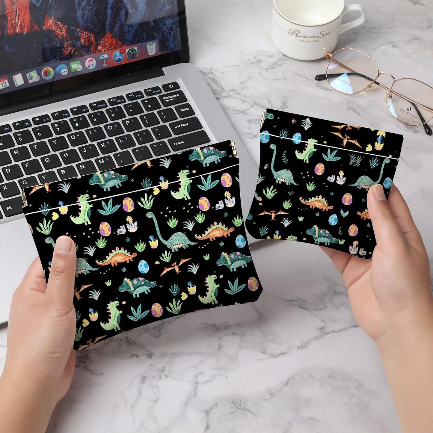 Makeup Bag Set - 2 PCS PU Leather Self-Closing Cosmetic Pouches | Portable Travel Organizer for Women - Dinosaur Design