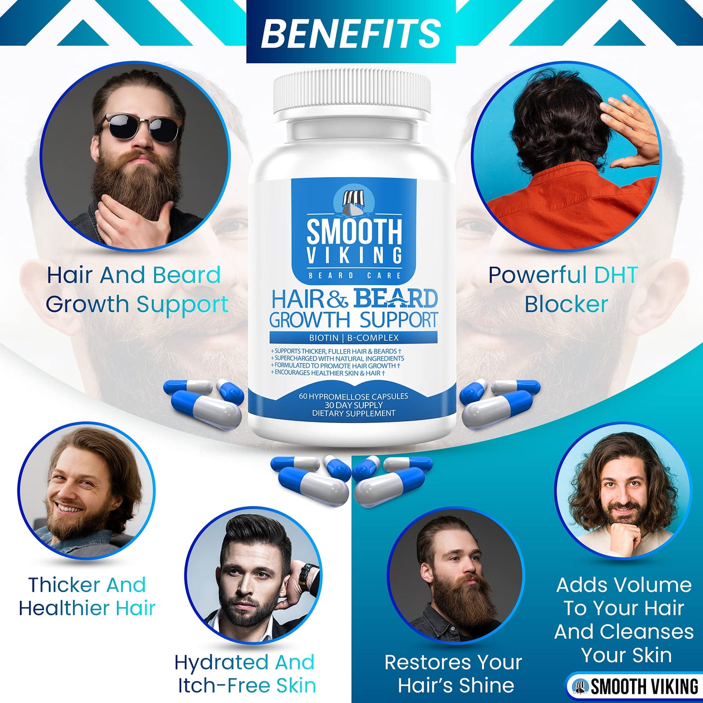 Beard Growth Supplement - Hair Growth Vitamins for Men (60 Capsules) - 5000 MCG Biotin & DHT Blocker for Hair Loss Treatment - Beard Pills for Thicker, Stronger Hair