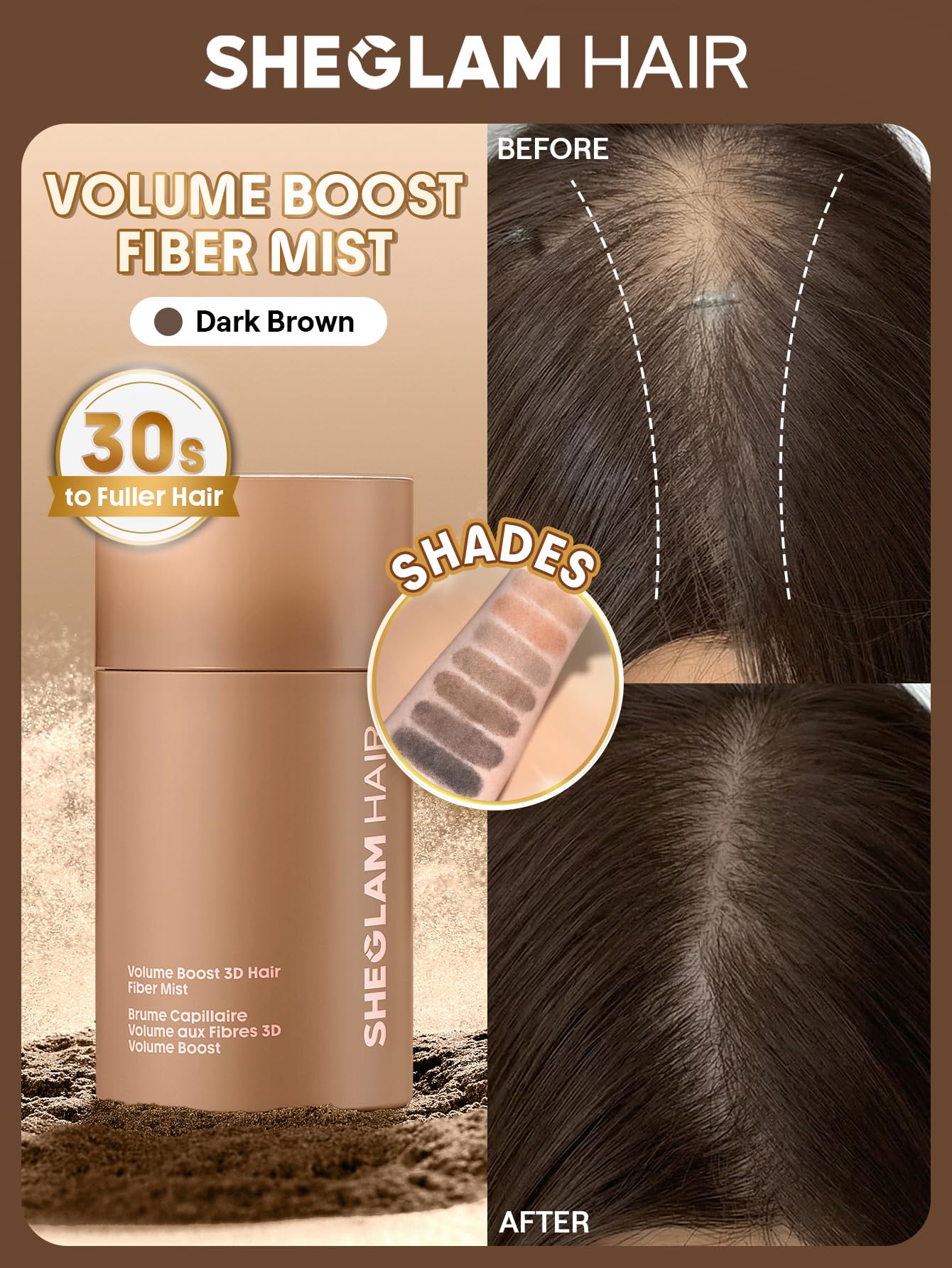 SHEGLAM Dark Brown Hair Building Fibers 15g, Volume Boost Hair Fiber Mist, Hair Thickening Powder for Thinning Hair, Instant Fuller Hairline, 72h Long Lasting for Men & Women(Applicator Not Included)