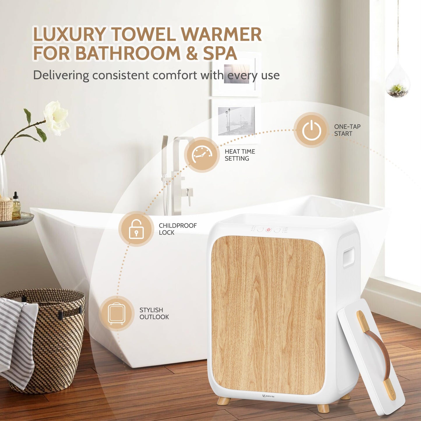 Keenray Towel Warmer Bucket, Luxury Rectangle Towel Warmer for Bathroom with Timer & Delay, Customized Fragrance, Child Lock, Fits 2 Large Towels, Blankets, Bathrobes, Ideal Gift for Him & Her(Wood)