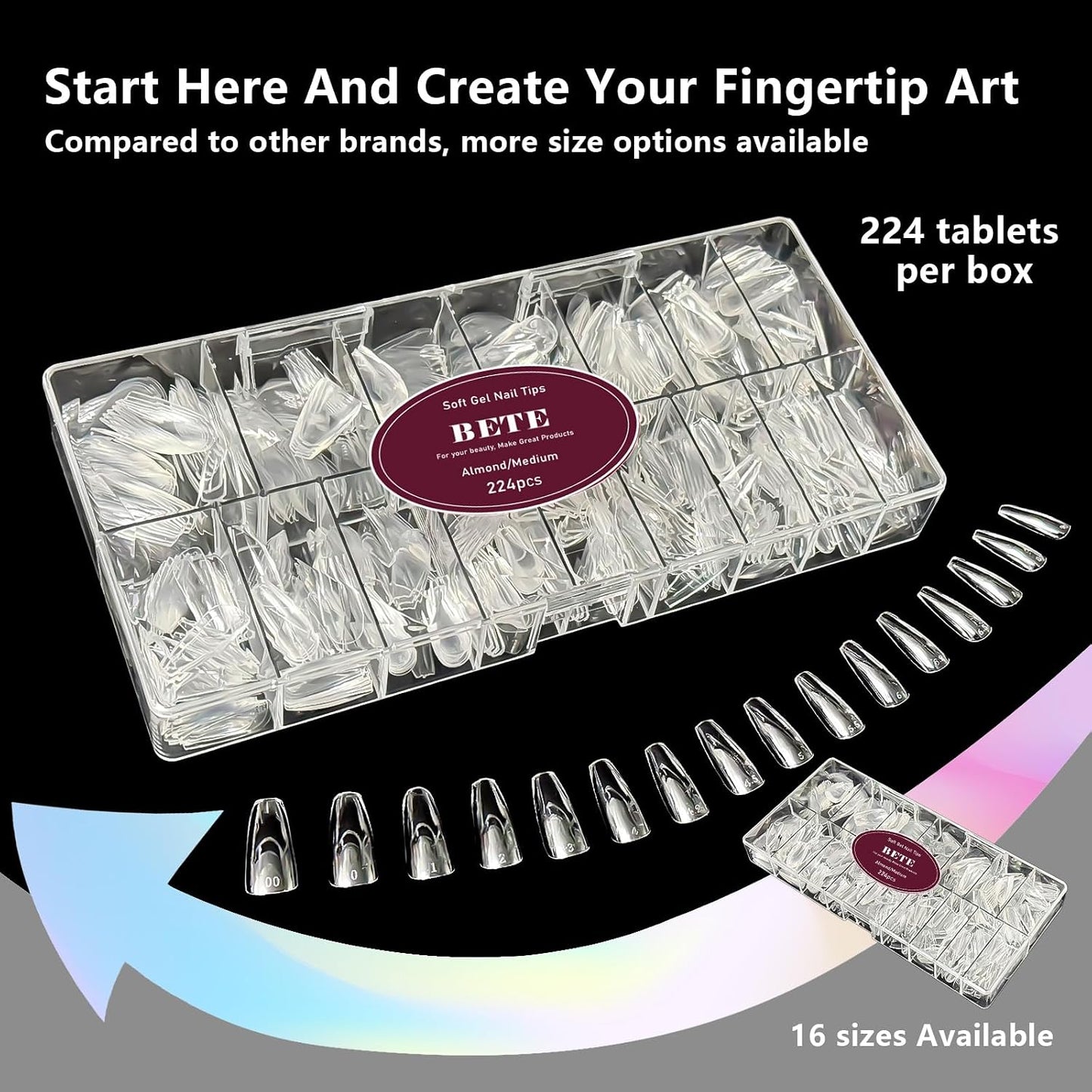 Medium Almond Clear Acrylic Nail Tips - 224 Pcs in 16 Sizes | Pre-Shaped Strong Press-On Nails for DIY Manicure