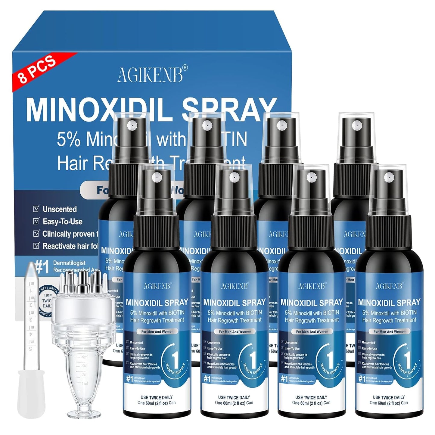 Minoxidil Spray for Hair & Beard Regrowth - 5% Extra Strength, Biotin Infused | 8 Pack, 8 Month Supply