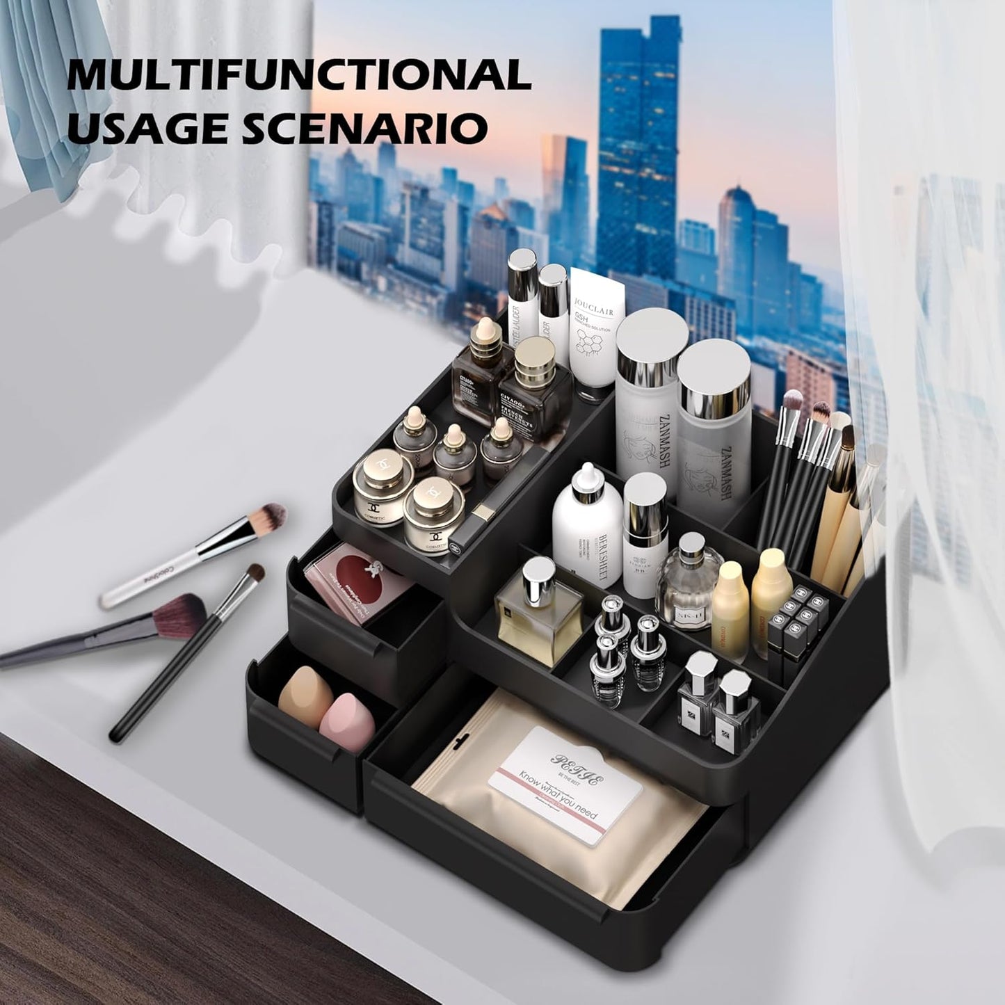Makeup Organizer with Drawers - Vanity & Bathroom Countertop Storage for Brushes, Lotions, & Cosmetics Display | Stylish Design
