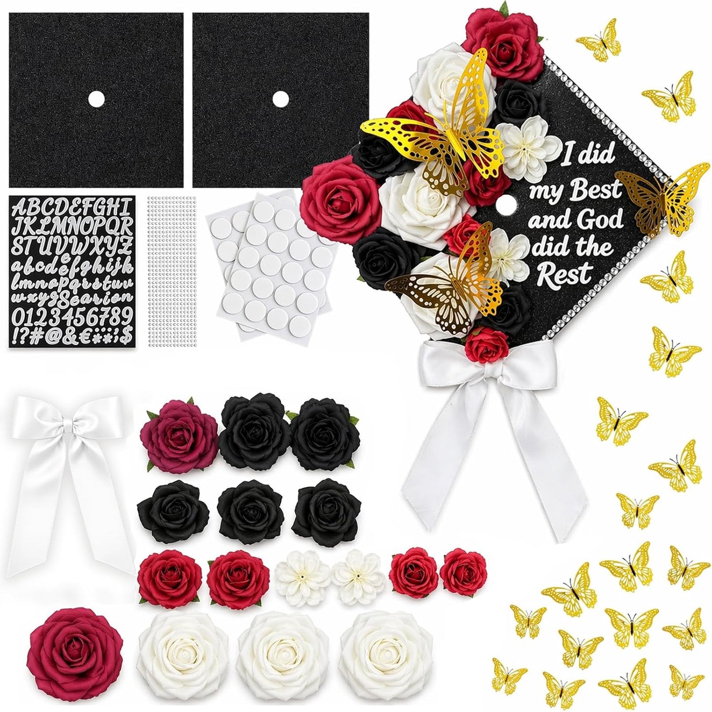 DIY Graduation Cap Decoration Kit - Faux Rose Flower Heads & 3D Butterfly Glitter Stickers | Black Grad Cap Topper